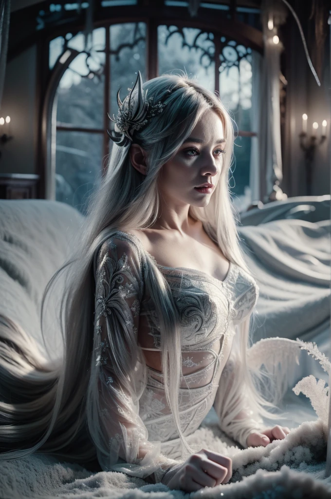 (tmasterpiece,best qualtiy:1.2),独奏,1girll,Game of Thrones heroine,Daenerys Targaryen,(cowboy lens:1.2),(Beautiful skins:1.2),grown woman,beauitful face,Elegant face,(beautidful eyes:1.4),eBlue eyes,Hair is parted at the sides,(Single braid:1.5),Platinum hair,Long white cape,(during night:1.3),(deep colour),inside castle, muri,
