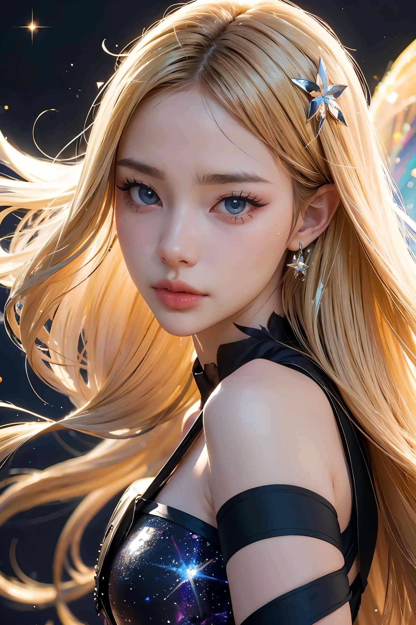 (best quality, masterpiece), 1girl, galaxy, glitter, dress, particle, wind, flower, upper body, dark simple background, looking at viewer, blonde,