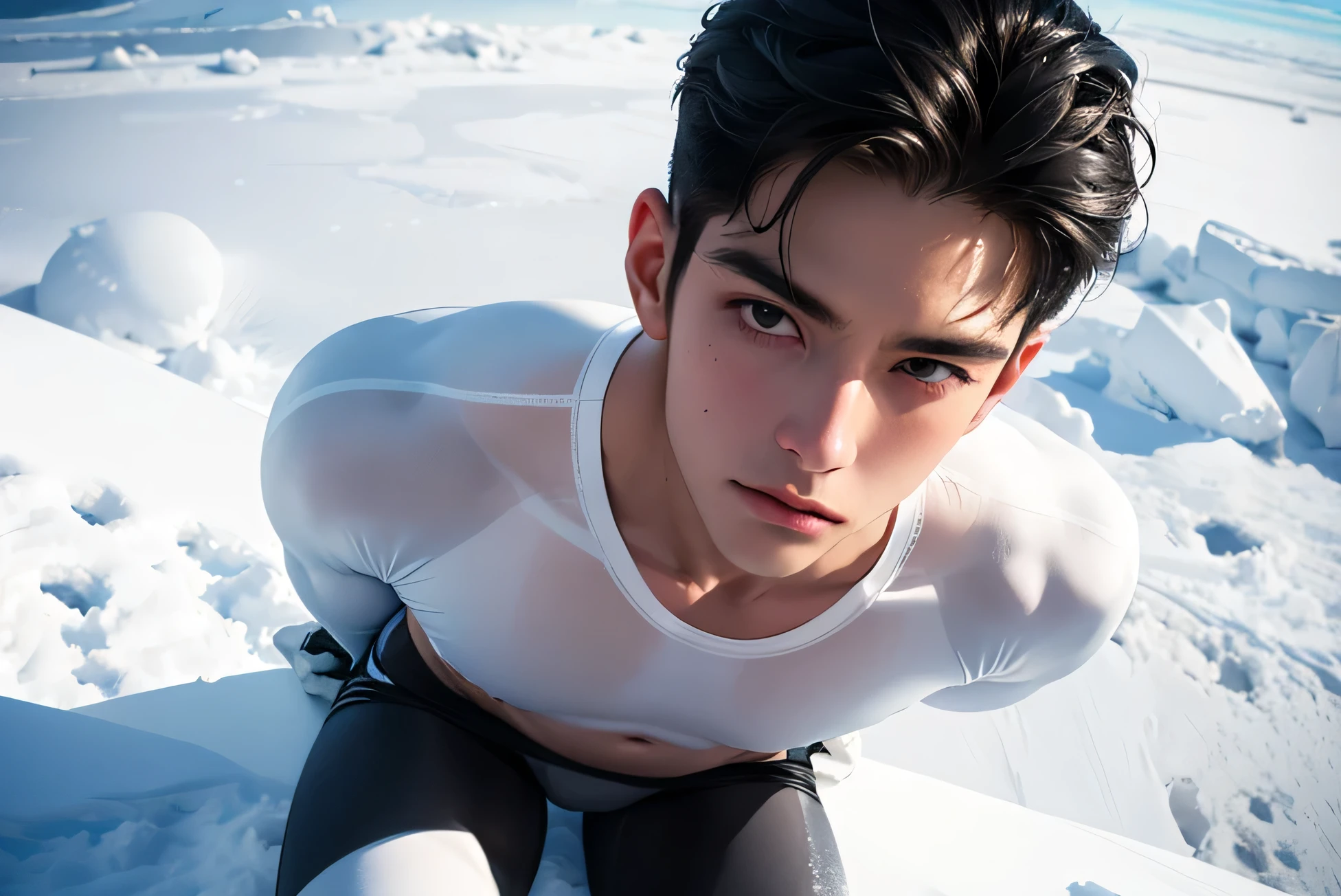 Japanese handsome black hair short cropped male Slim figure Bulge Sheer Bright White Compression Suit Nude Lower Body with Pink Briefs Face close-up The background is Antarctica In the snow The background is Antarctica Just snow Face close-up Japanese handsome 短い black hair short cropped sit with your knees folded on the snow A look of pity composition from directly above Face close-up Face super up