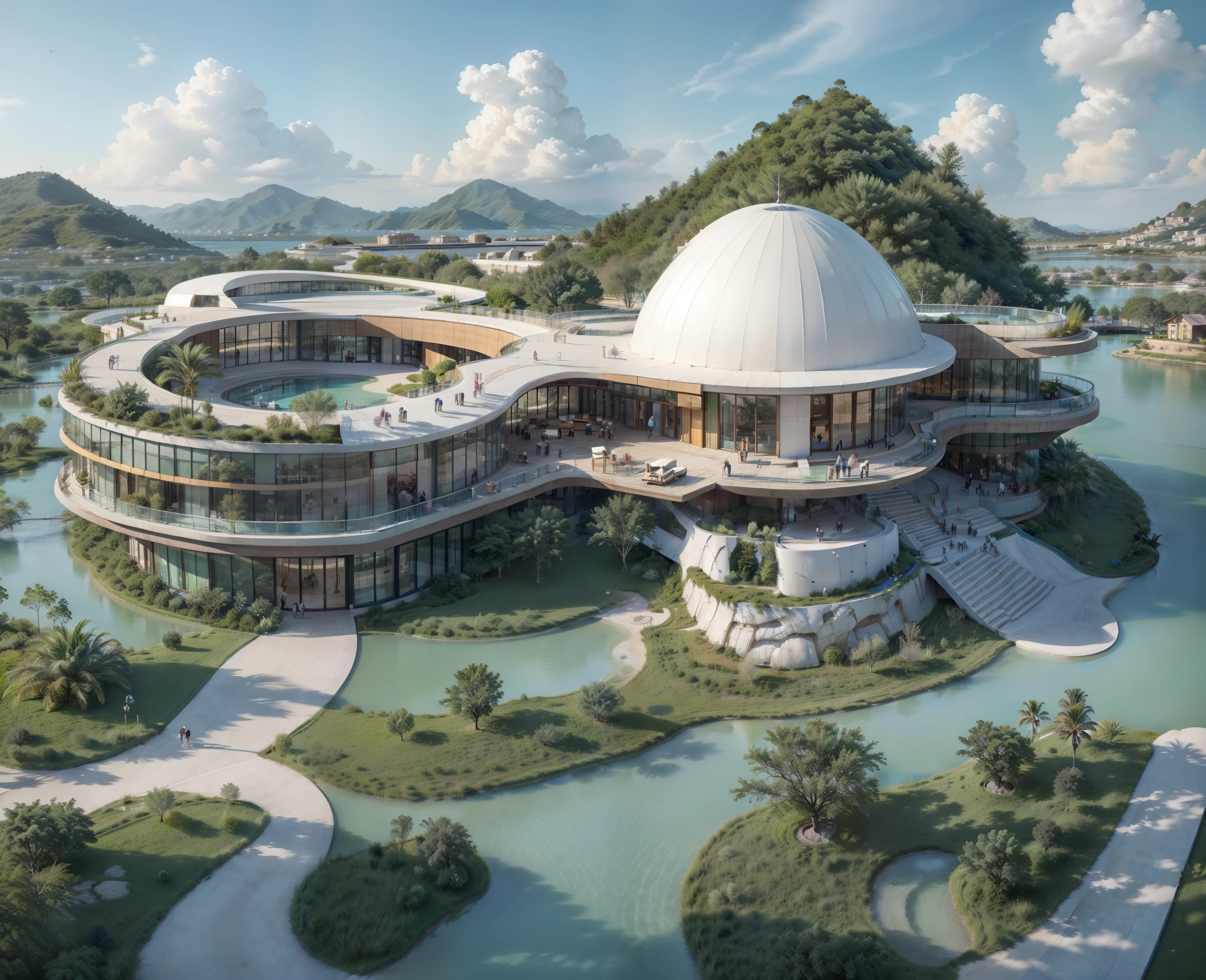 Ethiopian Cultural center, 3 storey Building design , Architecture, roads, cars, Hotel design, day light , outstanding, building,. big architects, from side, blue sky, white cloud, terraces