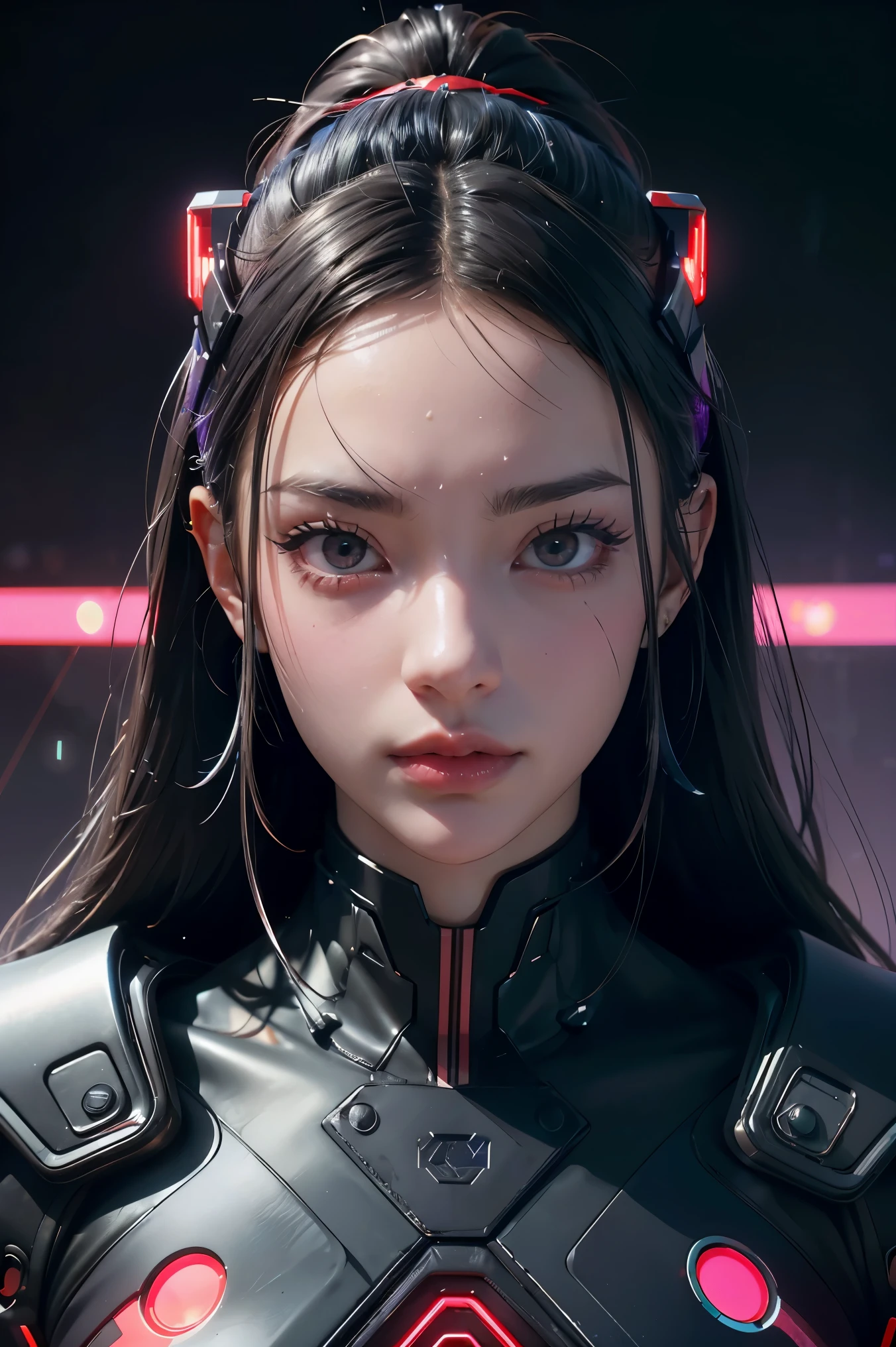 tmasterpiece,Best quality at best,A high resolution,8K,(portrait),(Close up of avatar),(RAW photogr),real photograph,digital photography,(cyberpunk queen),20 year old girl,long ponytail hairstyle,By bangs,(Black and blue gradient hair),(Glowing red eyes),Devil Eyes,Serious and charming,Mechanical body,Green glowing electronic components,Red wires and tubes connect the body,Complex purple electronic texture,Weird technology symbols,Black round forehead symbol,Luxurious mechanical crown,Keep your mouth shut,(Mechanical Woman),Photo pose,cyber punk perssonage,Future Style,gray world background,oc render reflection texture