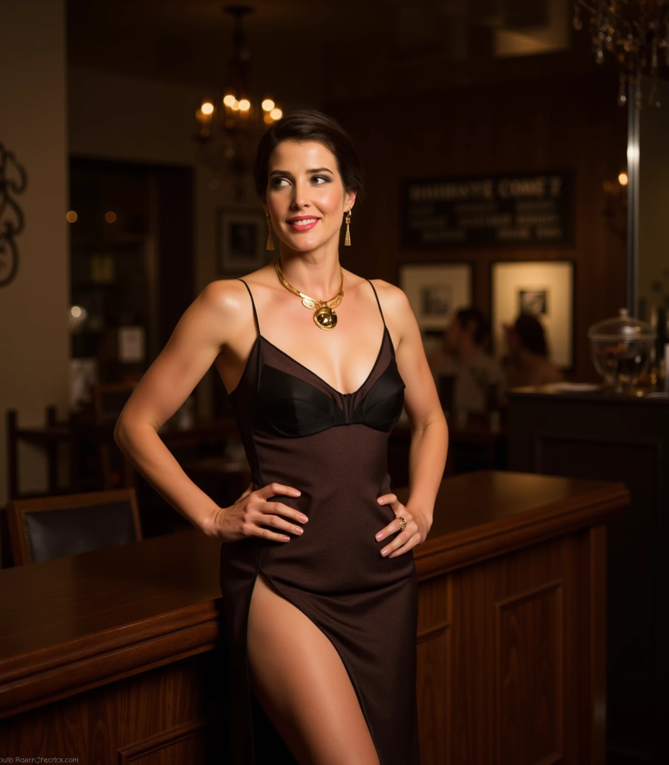 45 years old,(A MILF:1.2), a captivating gaze, green eyes, (A lot of wrinkles on her face:1.4), Old Woman Carla Gugino lookalike, Detailed wrinkles (8K, High resolution, ultra-quality, An ultra-high picture quality, Ultrarealistic, Best Quality:1.2) (breasts are large, Large cleavage:1.1), (Old Woman in Colombia), eyes visible through hair, with brown curly hair, Proper eye position, Cinematic Light, Soft light, lower back, night time, detailed color graded background, Convoluted, highly detailed, 8K, Overall silhouette, ?????, having a great time at the club, Looking straight at the camera, photo taken from behind