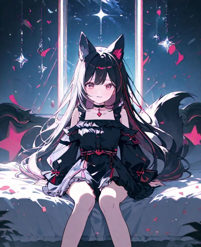 (little girl:1.5), highres, highest quallity, illustration, cinematic light, ultra detailed, detailed face, (detailed eyes), best quality, hyper detailed, masterpiece, (detailed face), long black hair, purple eyes, highest details, luminous eyes, moonlight, full moon, (high contrast), (colorful), loungewear, full body, (long long legs, bare legs, bare foot: 1.5)