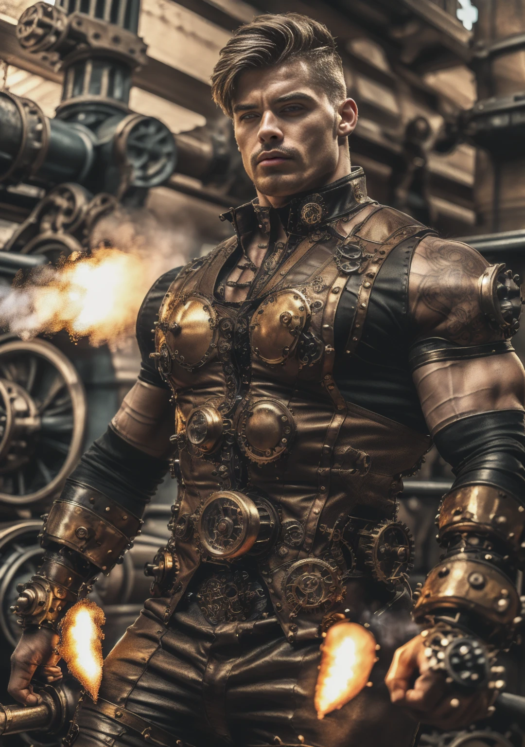 ((Masterpiece, High Quality)), Best Quality, highly detailed , ultrarealistic , cinematic ,realistic , photorealistic realistic eyes, intricate details, detailed background, depth of field, dynamic pose, dynamic angle ,male focus ,muscled man (1.0) ,handsome (detailed face) ,Young Arafed muscular chiseled very handsome man , (( steam4rmor,A muscular bodybuilder (1.0), veins on his arms , attractive tattooed man dressed in a detailed steampunk vest not covering his chest and abs(1.0), showing his muscled body with tattoos(1.0) ,The outfit includes leather straps, brass gears , a vest, and metallic accents. The man has a confident and alluring pose, with a mysterious expression. The background features an industrial steampunk setting with steam pipes, machinery, and a warm, vintage dark atmosphere , highly detailed, , detail face, tool enhancer ,slider 1.0)), realistic, masterpiece, intricate details, detailed background, depth of field, photo of a man ,looking like courage , ((light bokeh)) , highlighting the strong muscle lines , symbol of strength. Perspective and perspective: shooting from a low angle , highlighting the height and majesty of men. Or use a side perspective to show the posture and tattoo of a men.