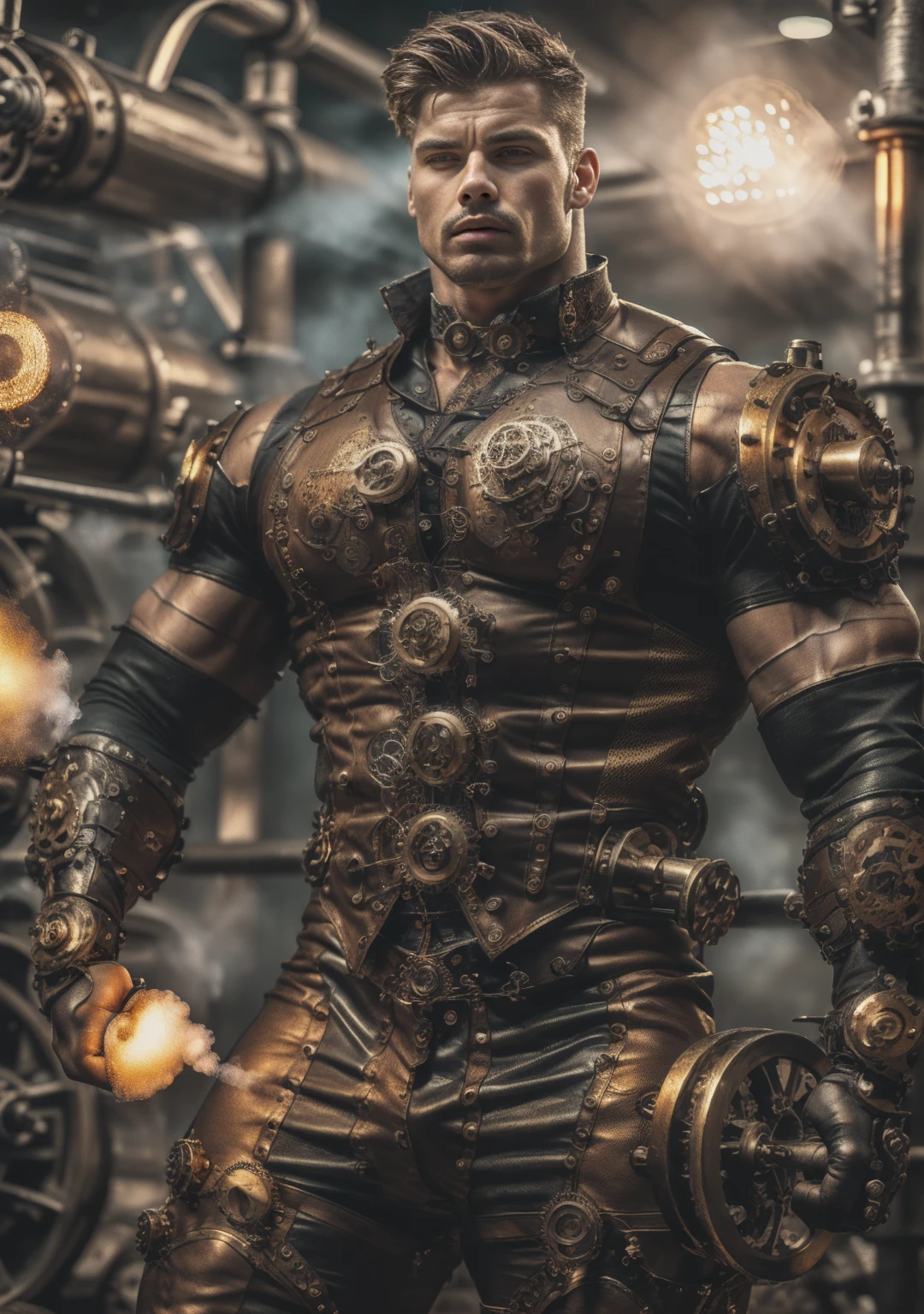 ((Masterpiece, High Quality)), Best Quality, highly detailed , ultrarealistic , cinematic ,realistic , photorealistic realistic eyes, intricate details, detailed background, depth of field, dynamic pose, dynamic angle ,male focus ,muscled man (1.0) ,handsome (detailed face) ,Young Arafed muscular chiseled very handsome man , (( steam4rmor,A muscular bodybuilder (1.0), veins on his arms , attractive tattooed man dressed in a detailed steampunk vest not covering his chest and abs(1.0), showing his muscled body with tattoos(1.0) ,The outfit includes leather straps, brass gears , a vest, and metallic accents. The man has a confident and alluring pose, with a mysterious expression. The background features an industrial steampunk setting with steam pipes, machinery, and a warm, vintage dark atmosphere , highly detailed, , detail face, tool enhancer ,slider 1.0)), realistic, masterpiece, intricate details, detailed background, depth of field, photo of a man ,looking like courage , ((light bokeh)) , highlighting the strong muscle lines , symbol of strength. Perspective and perspective: shooting from a low angle , highlighting the height and majesty of men. Or use a side perspective to show the posture and tattoo of a men.