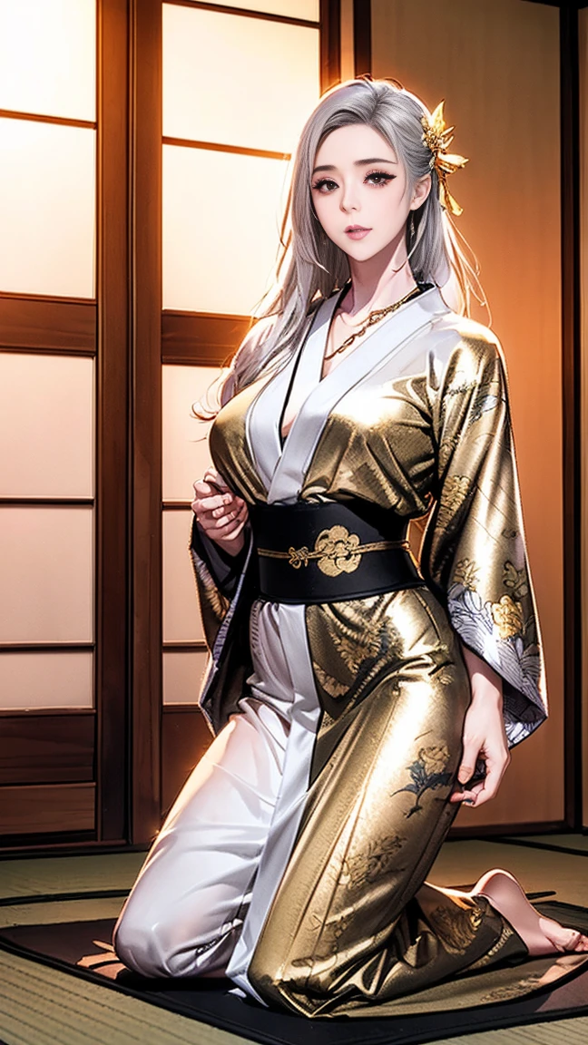 ((one personの女性)), Pretty Face, (Laugh shyly), (Charming smile:1.4), ((Blink:1.5)), ((Tilting your head:1.1)), mouth open and laughing, Upper Fang, View your audience, ((Strike sexy poses)), ((Full face of arrogance:1.4)), Lustrous red lips, ((Large Breasts:1.3)), Night Harbor, Terrace with sea view, Fireworks, Lustrous red lips, (Shiny face), ((Anime style background)),masterpiece, best quality, so beautiful,up-to-date, complicated details, (Long red nails), (Nail Art), (ring),(bracelet),(Floral necklace), Artificial Intelligence Generation, complicated,high resolution, best quality, Ultra-high quality,3D Graphics、3D Graphics,one person,Long white hair,High Ponytail, Anime girl posing for photos, ((Silver Eyes:1.7)), ((Fine particles、Light blue eyes、Shining eyes:1.4)), (Squint your eyes:1.1),a hyperPractical , hyperPractical , Practical,Long white hairのアニメ女性, Smooth anime CG art, (Woman wearing a colorful kimono with gold embroidery), ((Black Kimono:1.5)), Red floral pattern,Long flower hair accessories,Floral Earrings,((Black high heel sandals)),Mature body,High target,Abdominal muscles,Tight waist, ((whole body:1.5)), (Zoom in on the face), (Hook of Holland:1.3),