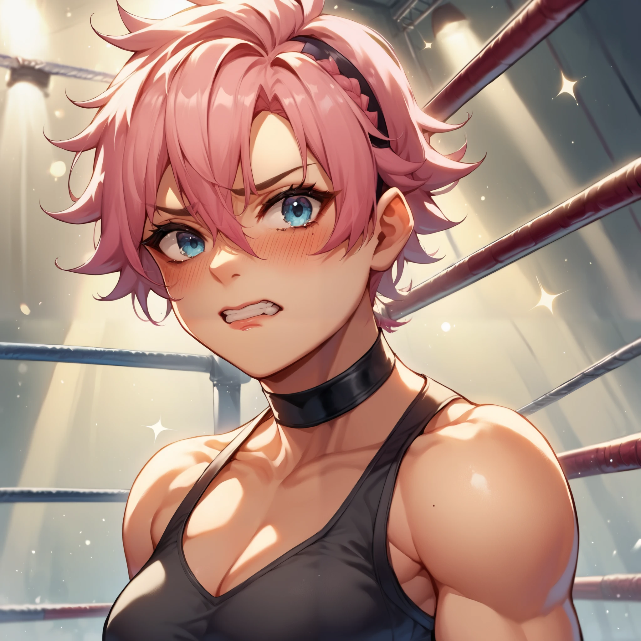 an athletic tomboy with pink hair and blue eyes. she is wearing a black and red wrestling attire while standing in a wrestling ring. she looks embarrassed and blushing.