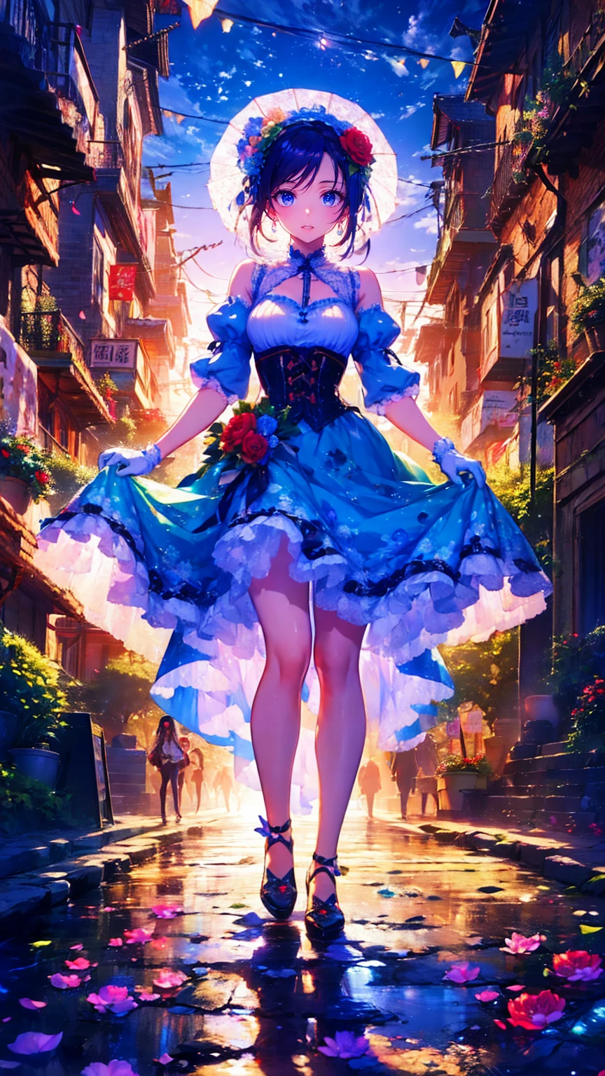 Full body portrait、(Girl floating in the air with a big colorful umbrella:1.9)、Low angle view、Blue sky background、(Highest quality、4K、8K、High resolution、masterpiece:1.2)、Super detailed、(Real、Photorealistic、Photorealistic:1.37)、(Anatomically correct body structure:1.9)、Fantasy、magical realism、dream-like、Whimsical、Bright colors、Dramatic lighting、Soft Focus、Cinematic、Intricate details、A wonderful composition