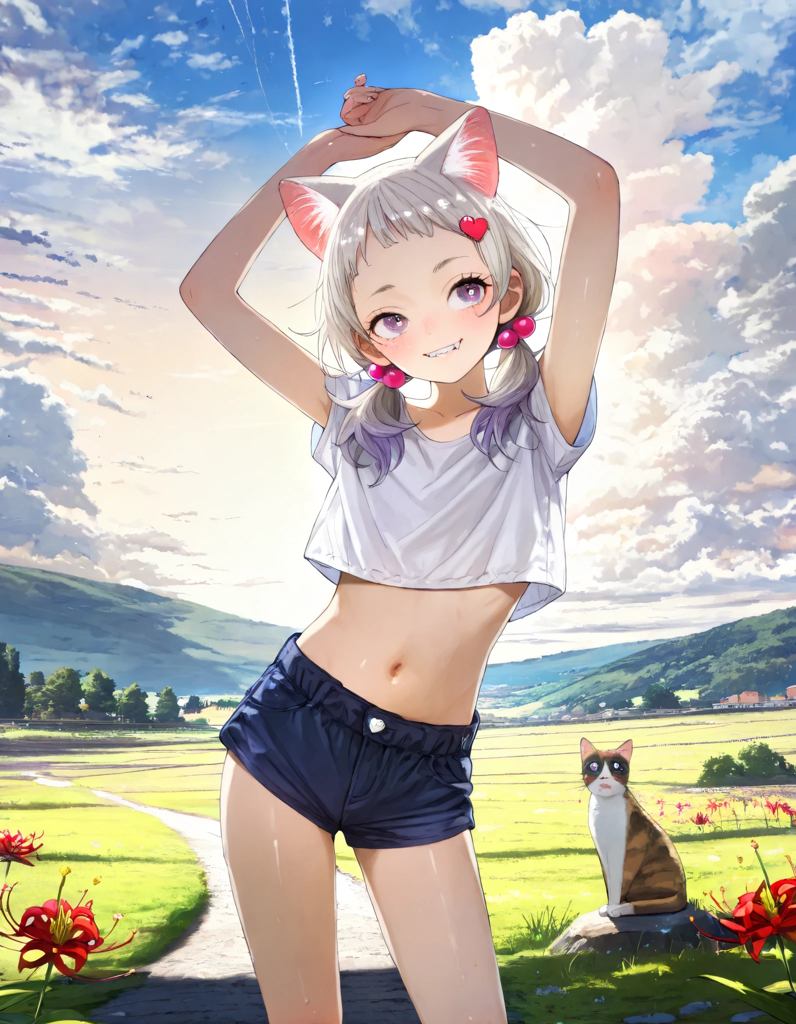 ((toi8 style)), ((Masterpiece)), ((best quality)), (wide shot), (8K), (detailed background:1.2), (ultra-detailed:1.2),(High Definition:1.3), (Professional Photography:1.2), (very aesthetic:1.2), (absurdres:1.2), (sharp focus), (scenery), ((1girl)), cute young girl, ((platinum-gold hair)), Textured skin, (cropped shirt, bare arms, pure white shirt), cute navel, (short shorts, Navy blue shorts), (Healthy Gaunt body), small chest, (messy medium hair, low twintail), (swept bang, cute forehead, heart ornament hair bobbles), long side bangs, gradient hair, pink color Hair Tip, beautiful collarbones, (tilt head), BREAK ((grin, blush, sharp fangs)), Thin and short eyebrows, ((aegyo sal)), (cute cheeks), glossy lips, pouty lips, (lower eyelashes), (put on cat ears), ((pale purple eyes, gradient eyes, looking at side)), (stretch out both arms and hands, stretch arms up), contrapposto, legs apart, ((outdoor the Gentle hill)), Blooming Amaryllis, blossaming Amaryllis, intense sunlight,