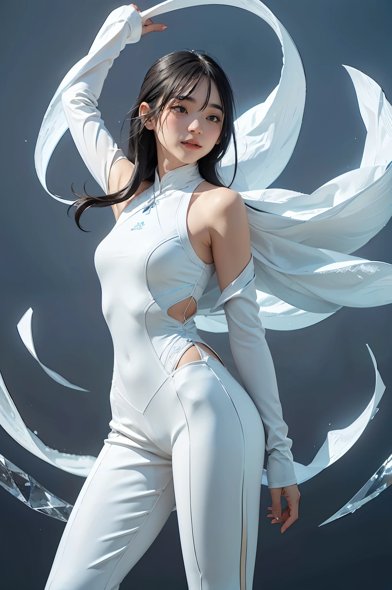 femele,Whole body diagram,Tall figure,White transparent tight-fitting top,White transparent yoga shorts,facing at camera,Stand alone,Raise your hands above the top,Feet parallel to shoulder-width apart,Backlit background,Light passes between the legs