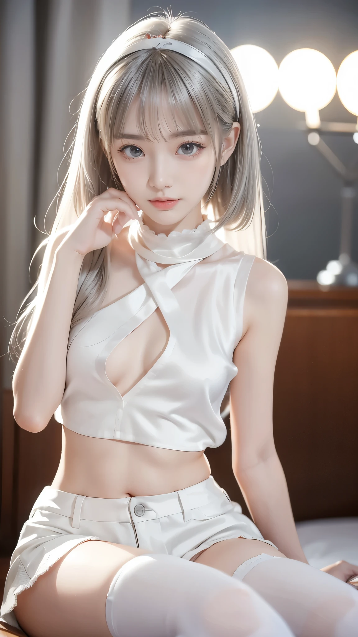 8K, RAW Photos, Fujifilm, Beautiful 20 year old woman style photo, (((Silver Blonde Hair:1.3,Beautiful silver blonde straight hair、Silky silver blonde)))、((Big eyes)), ((Pink blush)), (((barefoot))), (((mini skirt:1.5))), Gold earrings, (Highly detailed skin: 1.2), Film Grain, 35mm, Cute Style, Bright lighting, indoor, Thighs