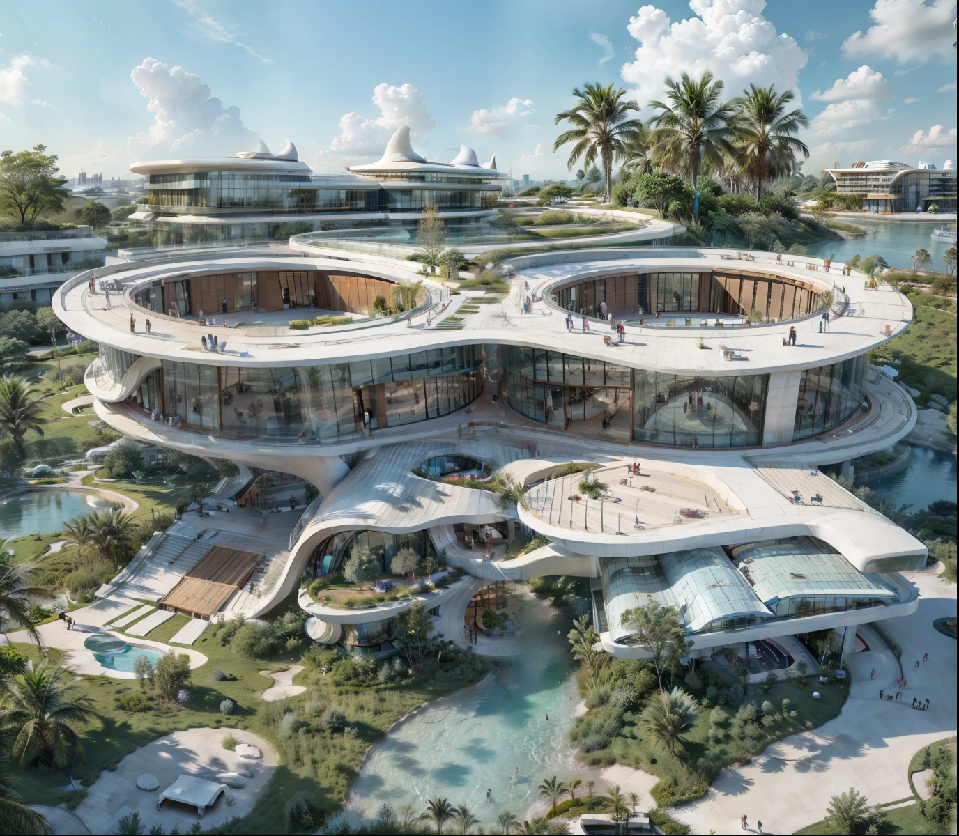 Ethiopian Cultural center, 3 storey Building design , Architecture, roads, cars, Hotel design, day light , outstanding, building,. in City, concrete frames. by zaha hadid, and big architects, from side, blue sky, white cloud, terraces