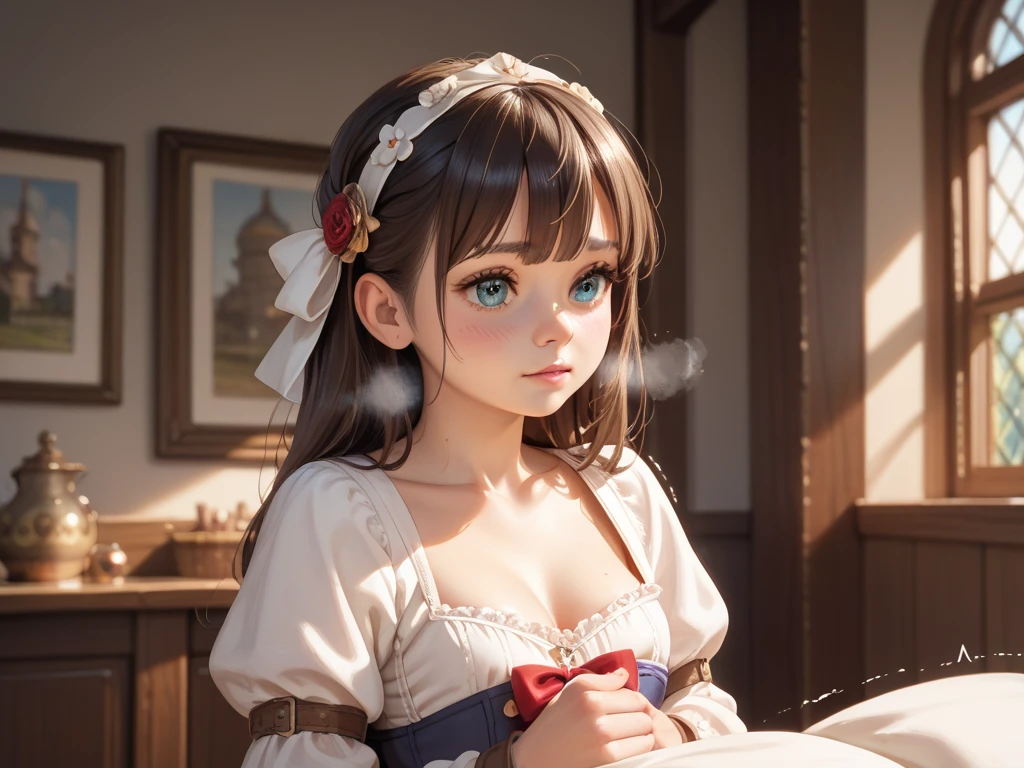 top-quality、​masterpiece、Hi-Res、女の子1人、maid clothes、hair adornments、an oil painting、kawaii、Fluffy woman、Sensitive、A slight smil、Chest emphasis、glamorous