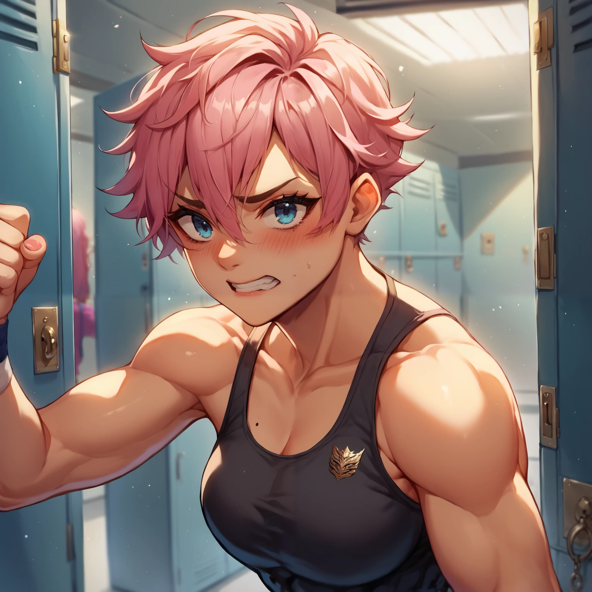 an athletic tomboy with pink hair and blue eyes. she is wearing a black and red wrestling attire while standing in a lockerroom. she looks embarrassed and blushing.