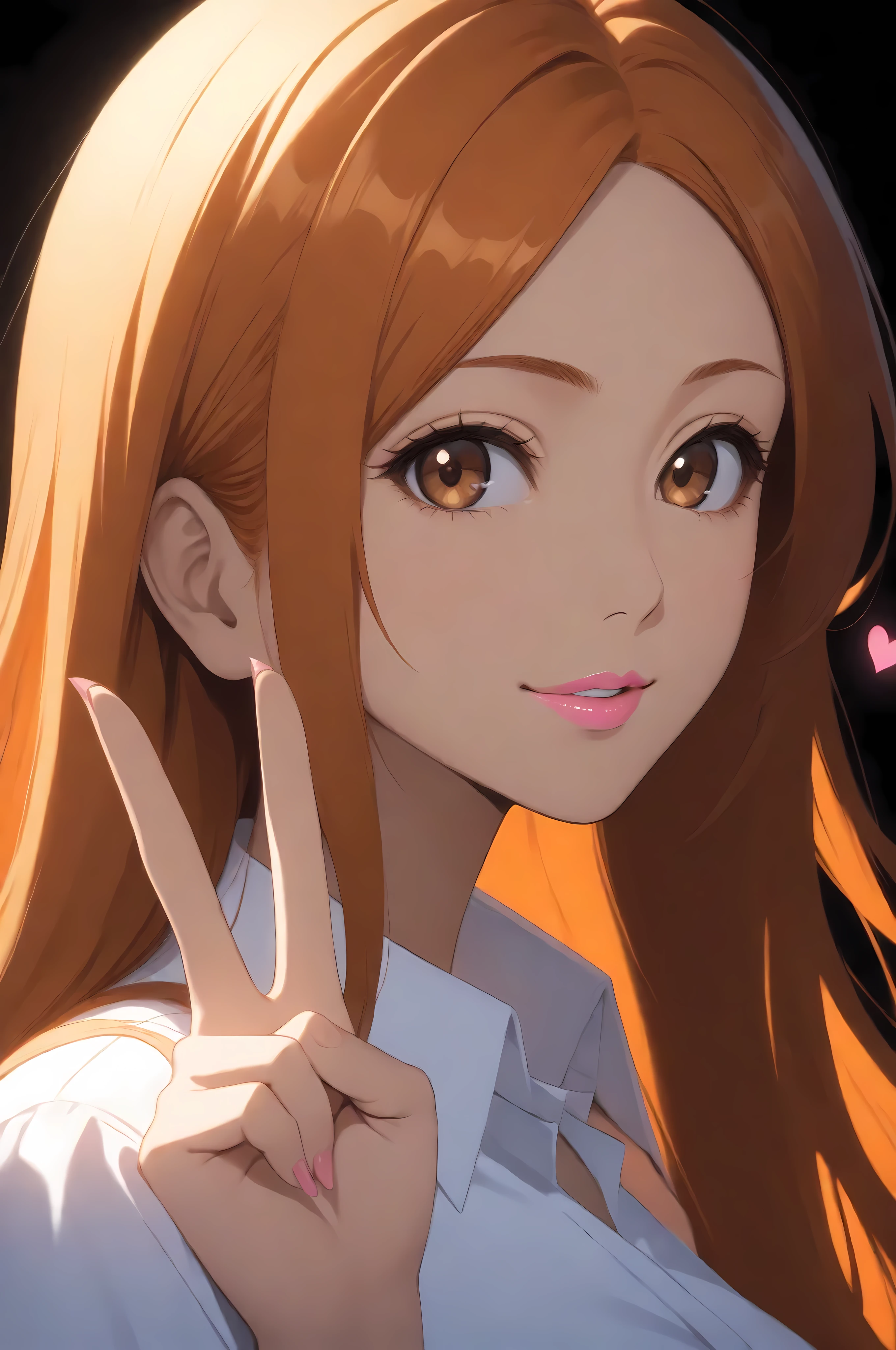 masterpiece, high score, great score, absurdres,close-up portrait, beautiful woman,inoue orihime \(bleach\), ,orange hair,long hair,brown eyes,fair skin,Shiny skin,pink lips,white collared shirt, vivid colors, volumetric lighting, soft lighting, simple dark background,v sign,one hand,heart,depth of field,slight smile,looking at viewer,from the side,clean lines,smooth lines,sharp,