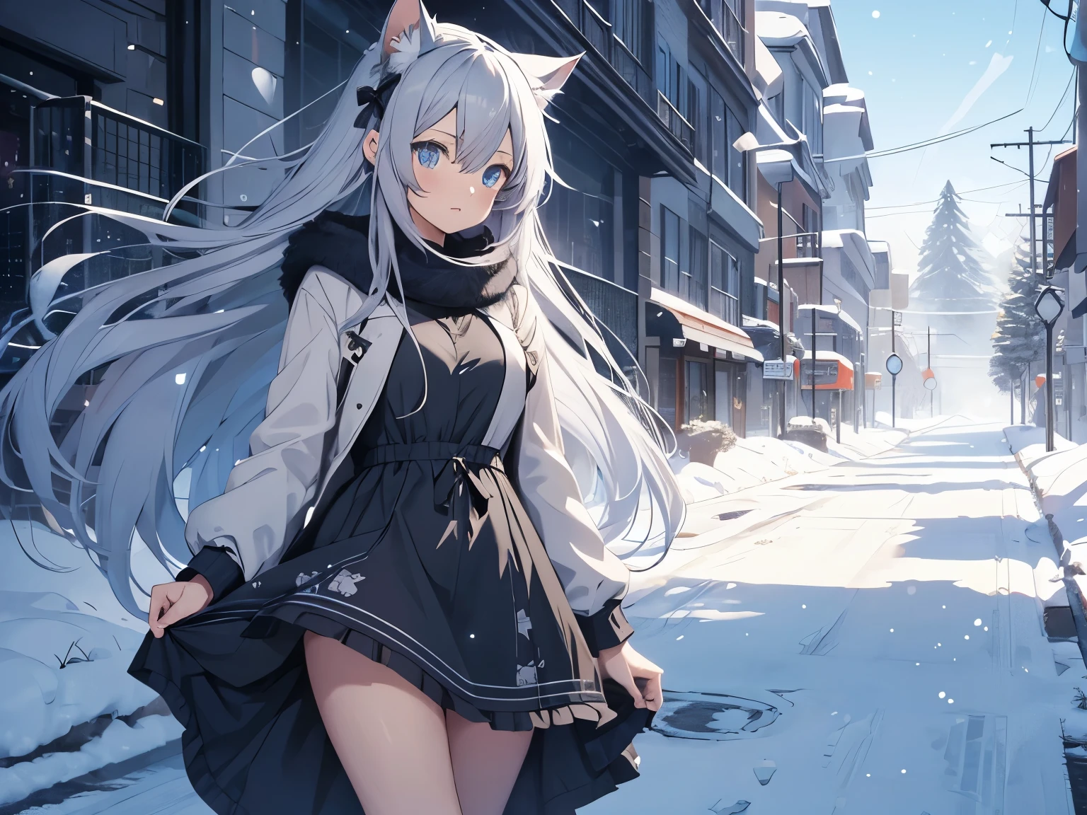 Anime girl character with gray flowing hair, blue eyes with cat ears and wearing a winter dress, with a background