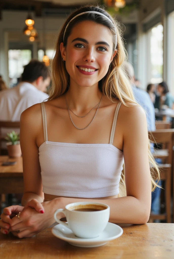 A 23-year-old blonde woman, ((pechos grandes)), ((hiperrealismo)) ,. Caffe, blonde hair with light brown roots. cabello rubio, Hair with brown roots, cabello extra largo, cabello muy largo, really long hair, Beautiful, Front view, photo taken with HD camera, elegant pink blouse, sitting At a table at a cafe, coffee cup, cafe scene, warm wood ambience, sunny day, HD photo, high quality, HD, huge breasts, shy smile, ultraHD