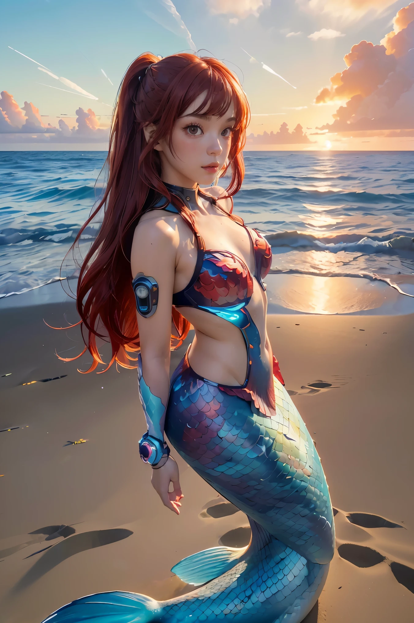 ((masterpiece, best quality, extremely detailed), volumetric lighting, ambient occlusion, colorful, glowing), 1girl, solo, young girl, (red hair), long hair, goddess, cyber suit, (mermaid design:1.3), outdoors, sunset, sky, clouds, beach, sea, , (cyberpunk theme:1.2),