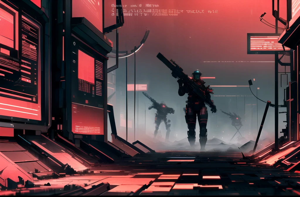 masterpiece, best quality,
remnants of war , deserted battlefield , barren lands,
matwaretech , scifi, cyberpunk, pixelated, malware glitch, red hues ,