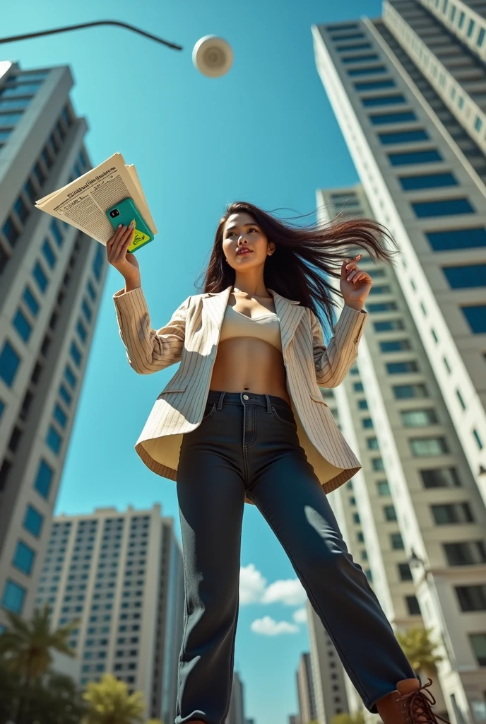 ((Highest quality)), ((8K)), ((masterpiece: 1.3)), (Perfect appearance), (Photorealism: 1.6), (AIF), A tall, cool and relaxed office lady wearing a blouse and miniskirt. Her toned physique suggests her great strength.. She appears to be taking a leisurely stroll through the bustling streets of Tokyo., Towering buildings overhead. Smoke and clouds swirling around her, Enhance the grand scale and drama. 照明がdark, dark, Realistic, Create a tense and ominous atmosphere. Perspective from the bottom, Emphasizing the majesty and power of giants." (Upskirt: 1.4), (Panties are visible: 1.4),
