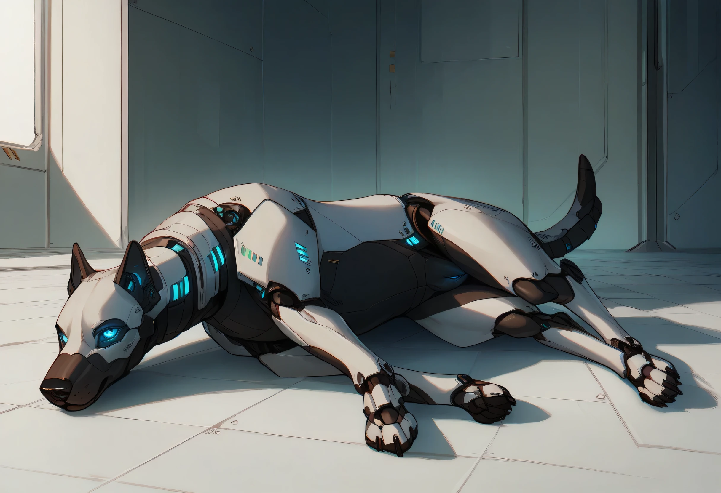 score_9, score_8_up, score_7_up, score_6_up, score_5_up, score_4_up, rating_explicit, feral big machine dog, solo, robot, android, detailed eyes, lying on the floor, living machine, quadruped, full body, blue eyes, synthhead, vagina, white panelling, mechanic inspection, workshop interior, sci fi, looking at viewer, blue and dark body, silver detailing, green lights, presenting,