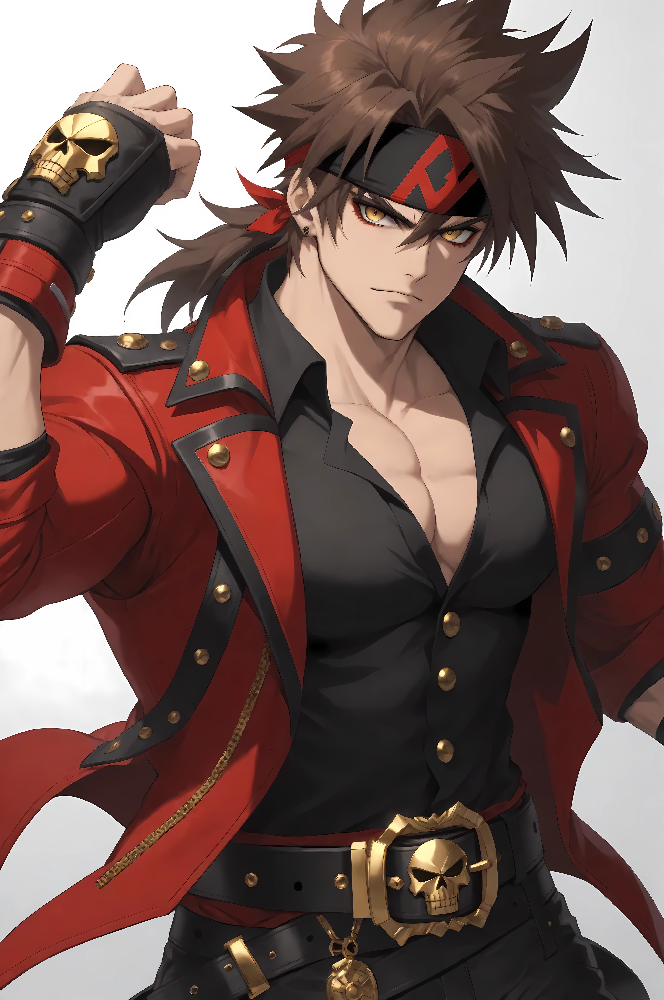 masterpiece, high score, great score, absurdres 1boy, male, Sol Badguy, brown hair, gold eyes, black vest, red jacket, belt, headband,ultra-detailed, intricate details