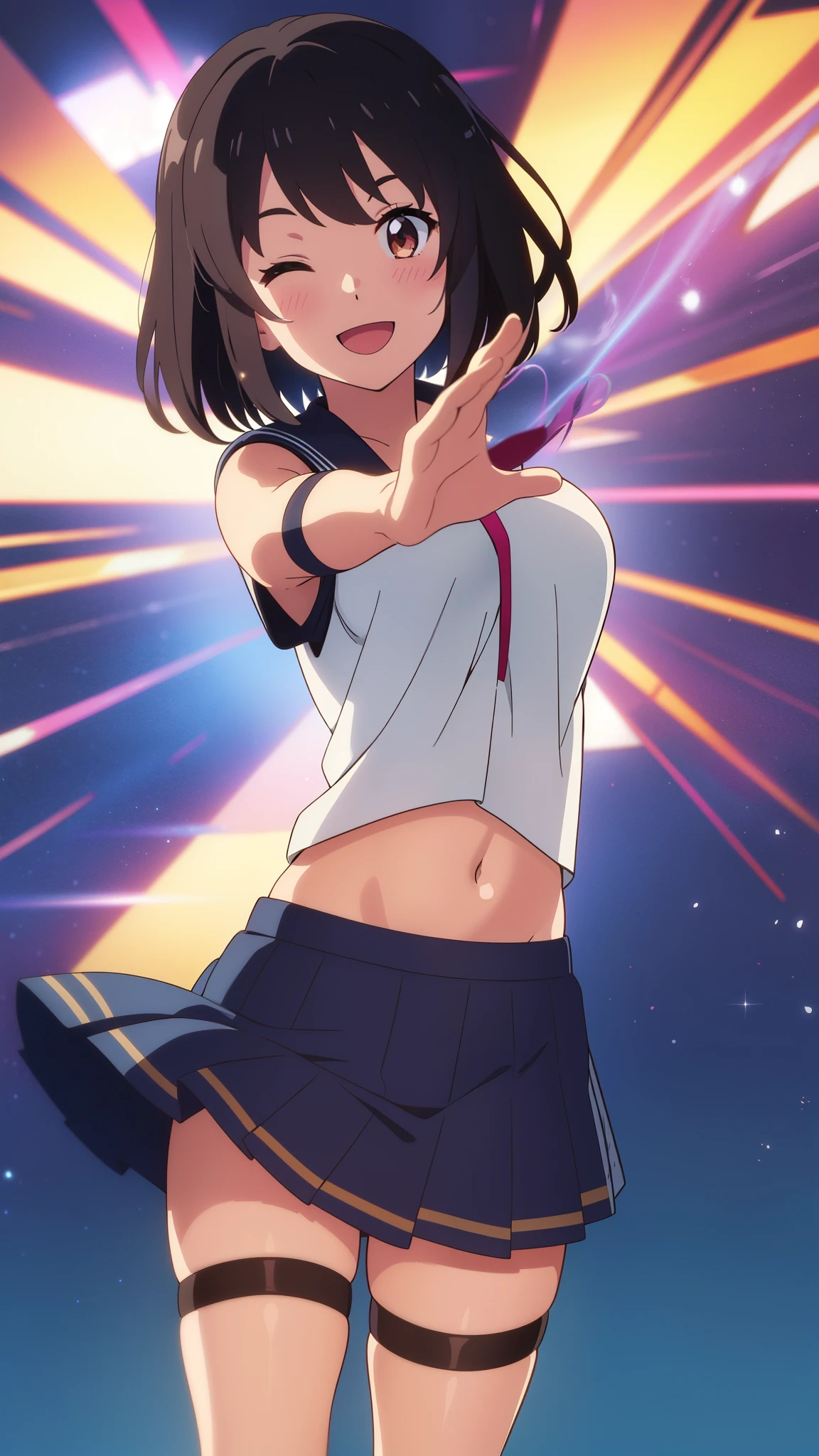 1girl, solo, short hair, jet black hair, purple eyes, (full body), standing, bangs, japanese police uniform, tokyo city backdrop, (white shirt), (black tie), matching shoes, medium breasts, 20 age, badge, twirl pose, spinning, spins fast in place like a tornado, twirling in place, tornado spinning, rapid gyration, motion blur, speed lines, tornado, spinning energy pulse, spiral lines, front view, light particles, blue and white leotard, bare legs