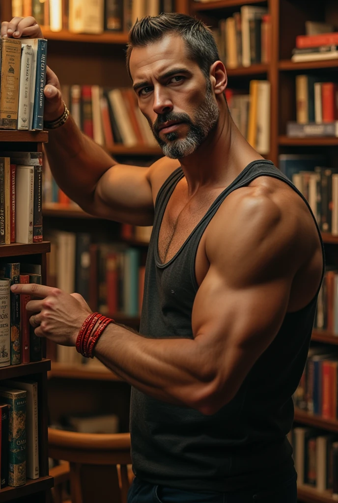nsfw, best quality, masterpiece, extremely detailed, masculine, sexy, homoerotic, extremely handsome, 25 year old borneo man, square face with chubby cheeks, muscular bodybuilder, cheeky smile, shush pose, fitted clothes, rose quartz crystal pendant, bead bracelet, exposed underwear, semi erect bulge, in library, side view, afterhours, at midnight, cinematic shadows, dreamy atmosphere, perfect face, perfect fingers, perfect hands, perfection