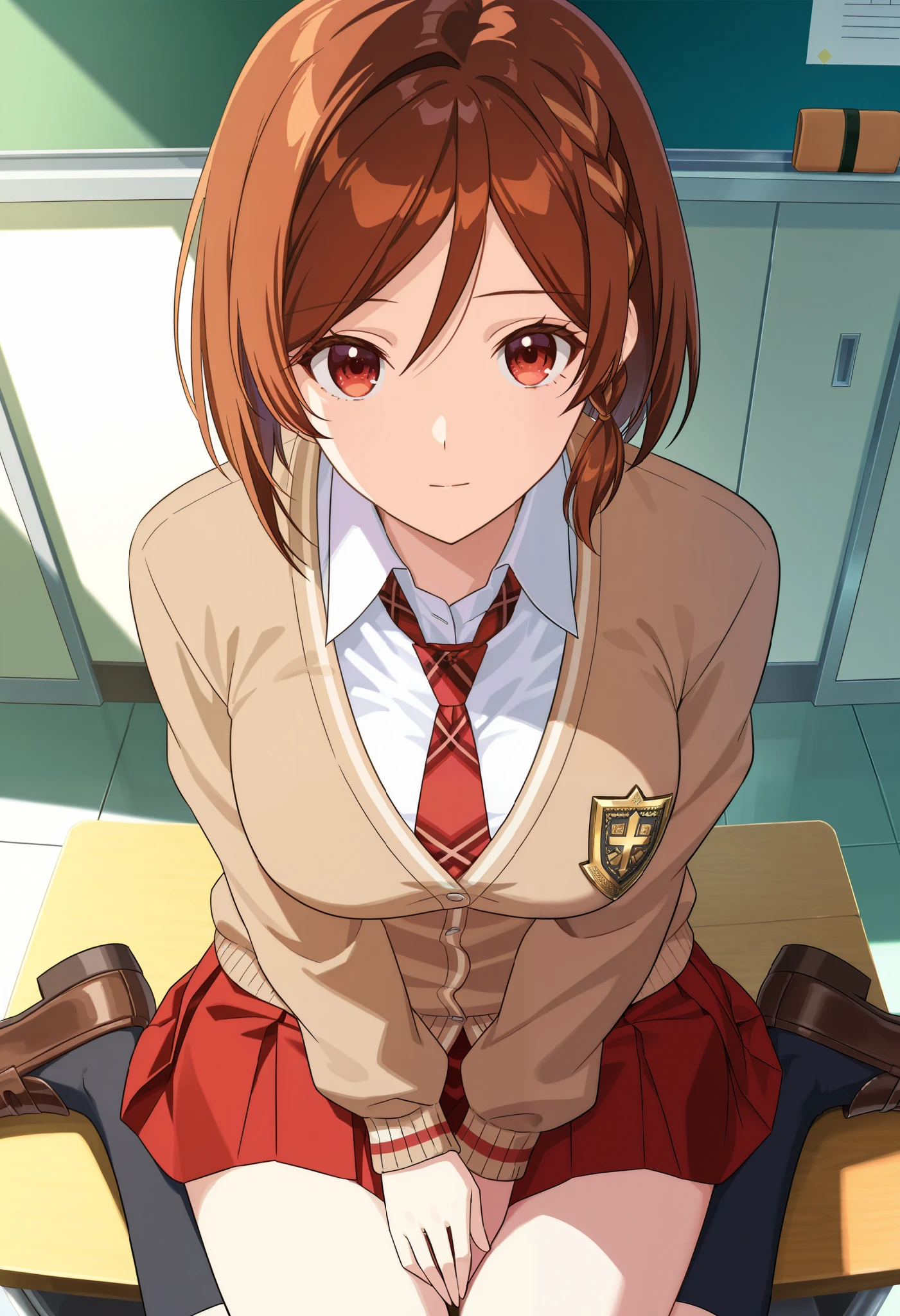 Sakuraimori Akane,solo,red skirt,brown hair,necktie,red eyes,brown cardigan,short hair,school uniform,red necktie,white shirt,black socks,
loafers,from_above,classroom,sitting,wariza,hands_on_lap, BREAK looking at viewer, (cowboy shot:1.5), BREAK (masterpiece:1.2), best quality, high resolution, unity 8k wallpaper, (illustration:0.8), (beautiful detailed eyes:1.6), extremely detailed face, perfect lighting, extremely detailed CG, (perfect hands, perfect anatomy),