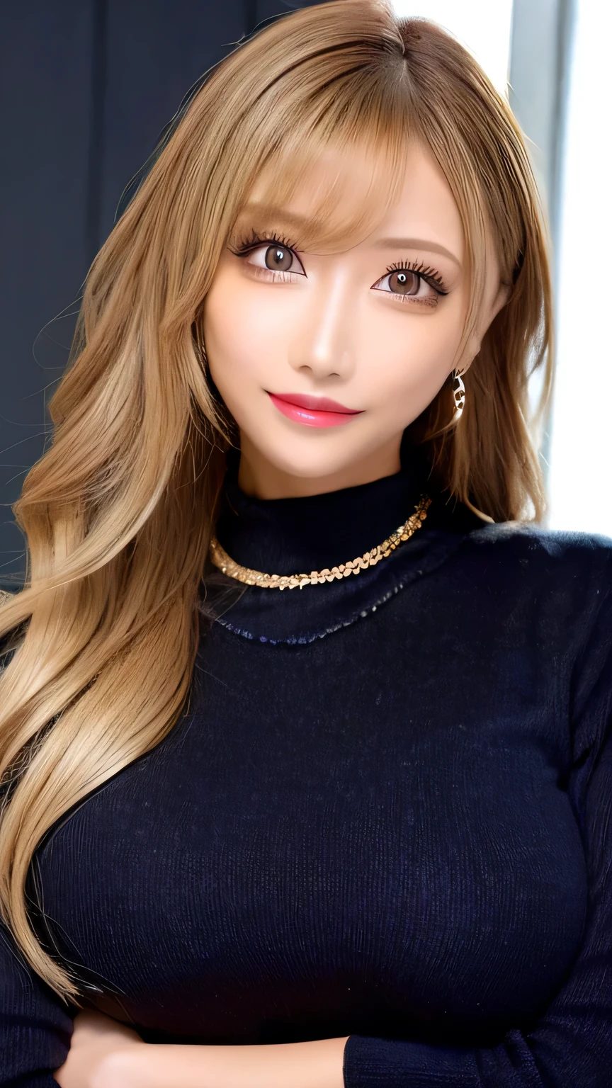 ( cowboy shooting 、 top quality、8k、16k、 award-winning works 、 Ultra high resolution)、 beautiful woman、( Black sweater , Sexy cleavage:1.1)、Perfect big breasts、( blonde alone :1.1)、 beautiful skin that shines with bright, shiny lipstick 、 a lot of people stand out with clear images 、 bright color contacts 、Perfect gal makeup、 Perfect for an adorable companion 、The sleeve is torn 、( Dark makeup for women :1.2)、( dark brown beige around the eyes :1.1)、 Beautiful Bright Eye Shadow 、 dark sexy makeup around the eyes 、(Big Breasts:1.2)、 super long wavy hair 、(Romantic affection:1.1)、 amazing adult sex appeal The best smile he has when he sees me 、( there are many people that accentuate body lines ..:1.1)、( strongly blurry、 a 。:1.1)、( The image is clear 、 jacket :1.1)、 accurate anatomy、 ultra HD hair、( ultra high resolution perfect beautiful teeth:1.1)、Ultra HD beautiful face 、 ultra HD hair、 crystal clear bang 、Ultra HD Shining Eyes、Glowing ultra high resolution beautiful skin、 Ultra high resolutionの艶やかな唇、 Harry Winston necklace