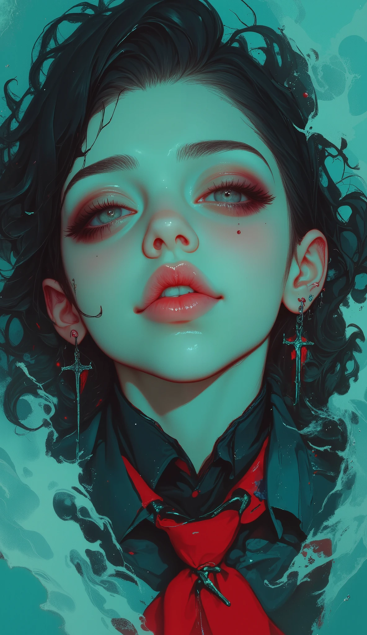 ((Plane grand general remote camera , seen from above , of a beautiful young woman's dark and wet hair shine through the water wet hair drops fall down her face, humidity, makeup run through the eyeliner running down her cheeks , red lipstick with drops of water :1.5)), In a body of water . partially submerged in the water you can see her knees , she is focused from above with the camera , look sensually half-open mouth , squinting eyes like Marilyn Monroe , the cyan water with waves due to the movement :1.4, cyberpunk art inspired by Yanjun Cheng , trends in CGSociety, Conceptual art, work of art in the style of Guweiz, guweiz, Guweiz on Pixiv ArtStation , guweiz on artstation pixiv, Yanjun Chengt, electronic girl , E - Chica, cyberpunk urban clothing, ( best quality,4k,8K,alta resolución, masterpiece:1.2), ultra Detailed , sharp focus,(realistic,photorealistic,photo-realistic:1.37), very detailed face , extremely detailed facial features ,hyper realistic skin texture, Extremely fine details , intricate details, detailed eyes,Detailed nose, detailed lips, Detailed facial expressions ,Intricate facial anatomy, intense lighting, dramatic lighting, changing lighting , cinematic lighting ,chiaroscuro lighting, dramatic shadows ,dramatic moments, vivid colors,intense colors,Deep contrast, cinematic depth of field , cinematographic composition , motion picture camera angle