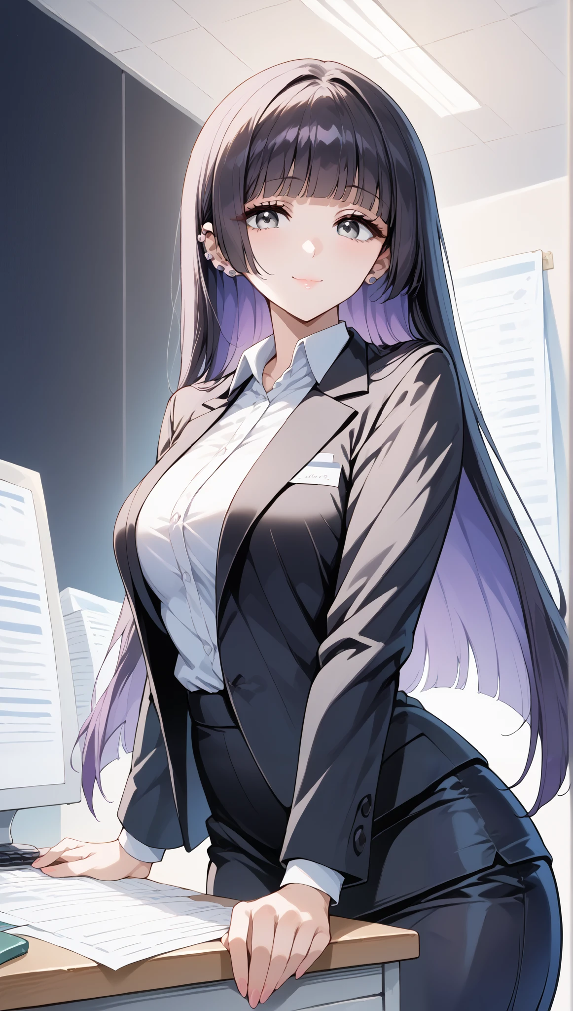 score_9, score_8_up, score_7_up, source_anime, 4K,perfect fingers,(perfect hands, perfect anatomy),prefect lighting, very aesthetic, intricate details,highly detailed background, masterpiece, high quality, best quality,
1girl,solo,pasan, pasan, black hair, blunt bangs, blunt ends, chin piercing, colored inner hair, ear piercing, grey eyes, hime cut, long hair, medium bangs, multicolored hair, piercing, purple hair, mature female, large breast,
wearing ((office lady,black suit jacket,)),,
woman with a gentle expression , COMPOSITION TO HIGHLIGHT YOURSELF . Visible to the naked eye 、