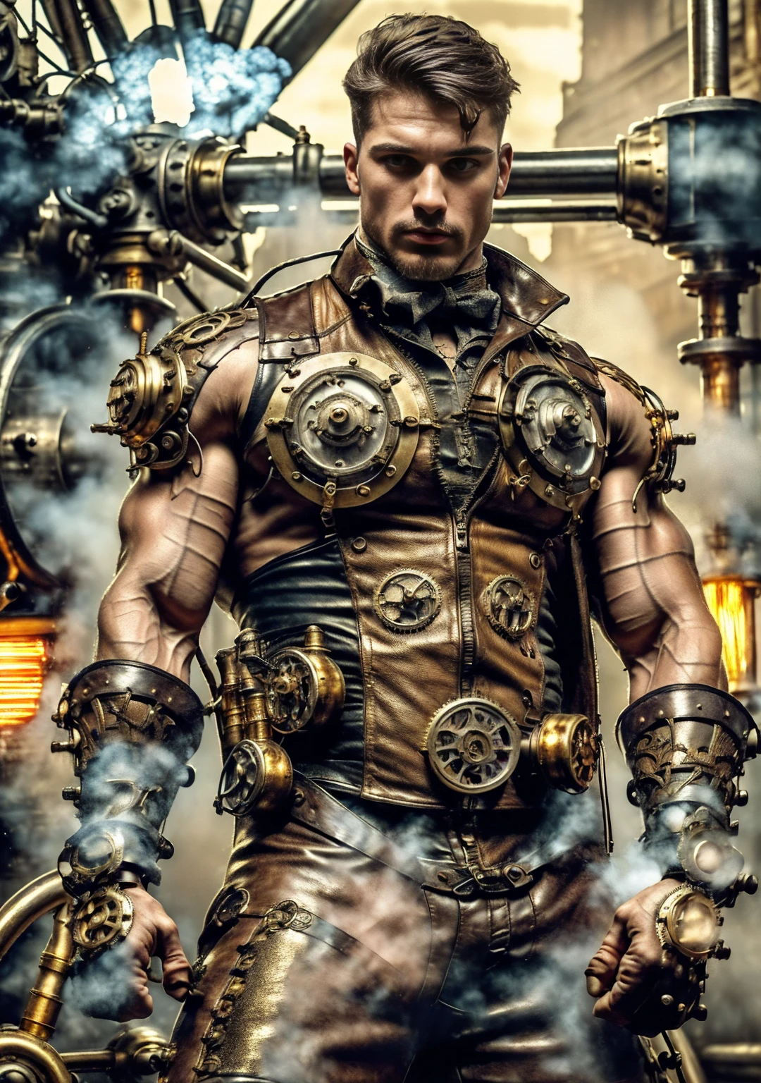 ((Masterpiece, High Quality)), Best Quality, highly detailed , ultrarealistic , cinematic ,realistic , photorealistic realistic eyes, intricate details, detailed background, depth of field, dynamic pose, dynamic angle ,male focus ,muscled man (1.0) ,handsome  (detailed face) ,Young  Arafed muscular chiseled very handsome man , ((  steam4rmor,A muscular bodybuilder (1.0), veins on his arms  , attractive tattooed man dressed in a detailed steampunk vest not covering his chest and abs(1.0), showing his muscled body with tattoos(1.0) ,The outfit includes leather straps, brass gears , a vest, and metallic accents. The man has a confident and alluring pose, with a mysterious expression. The background features an industrial steampunk setting with steam pipes, machinery, and a warm, vintage dark atmosphere , highly detailed, , detail face, tool enhancer ,slider 1.0)), realistic, masterpiece, intricate details, detailed background, depth of field, photo of a man ,looking like courage , ((light bokeh)) , highlighting the strong muscle lines ,  symbol of strength. Perspective and perspective: shooting from a low angle , highlighting the height and majesty of  men. Or use a side perspective to show the posture and tattoo of a  men.