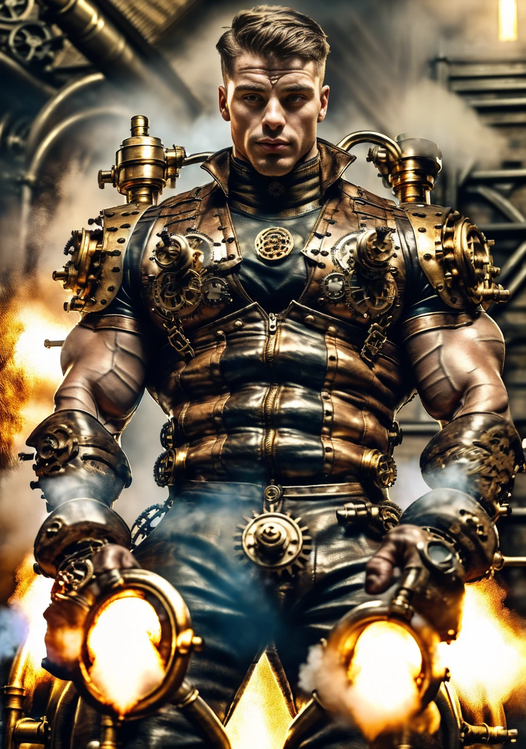 ((Masterpiece, High Quality)), Best Quality, highly detailed , ultrarealistic , cinematic ,realistic , photorealistic realistic eyes, intricate details, detailed background, depth of field, dynamic pose, dynamic angle ,male focus ,muscled man (1.0) ,handsome (detailed face) ,Young Arafed muscular chiseled very handsome man , (( steam4rmor,A muscular bodybuilder (1.0), veins on his arms , attractive tattooed man dressed in a detailed steampunk vest not covering his chest and abs(1.0), showing his muscled body with tattoos(1.0) ,The outfit includes leather straps, brass gears , a vest, and metallic accents. The man has a confident and alluring pose, with a mysterious expression. The background features an industrial steampunk setting with steam pipes, machinery, and a warm, vintage dark atmosphere , highly detailed, , detail face, tool enhancer ,slider 1.0)), realistic, masterpiece, intricate details, detailed background, depth of field, photo of a man ,looking like courage , ((light bokeh)) , highlighting the strong muscle lines , symbol of strength. Perspective and perspective: shooting from a low angle , highlighting the height and majesty of men. Or use a side perspective to show the posture and tattoo of a men.