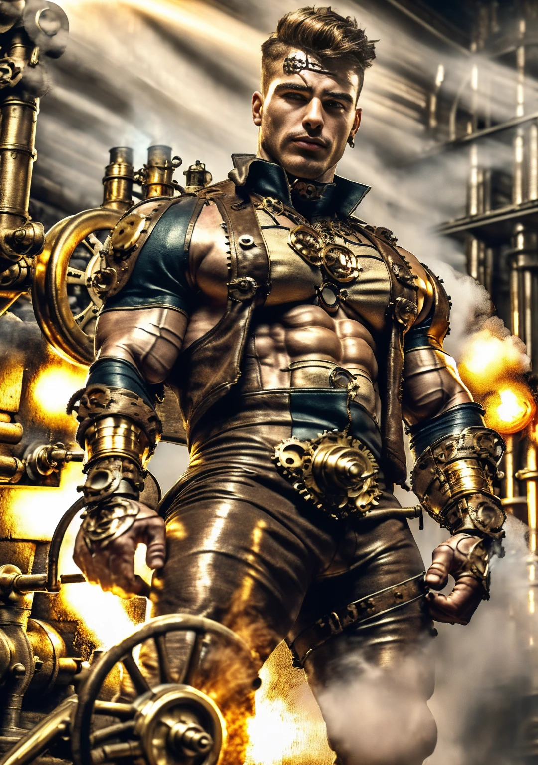 ((Masterpiece, High Quality)), Best Quality, highly detailed , ultrarealistic , cinematic ,realistic , photorealistic realistic eyes, intricate details, detailed background, depth of field, dynamic pose, dynamic angle ,male focus ,muscled man (1.0) ,handsome (detailed face) ,Young Arafed muscular chiseled very handsome man , (( steam4rmor,A muscular bodybuilder (1.0), veins on his arms , attractive tattooed man dressed in a detailed steampunk vest not covering his chest and abs(1.0), showing his muscled body with tattoos(1.0) ,The outfit includes leather straps, brass gears , a vest, and metallic accents. The man has a confident and alluring pose, with a mysterious expression. The background features an industrial steampunk setting with steam pipes, machinery, and a warm, vintage dark atmosphere , highly detailed, , detail face, tool enhancer ,slider 1.0)), realistic, masterpiece, intricate details, detailed background, depth of field, photo of a man ,looking like courage , ((light bokeh)) , highlighting the strong muscle lines , symbol of strength. Perspective and perspective: shooting from a low angle , highlighting the height and majesty of men. Or use a side perspective to show the posture and tattoo of a men.