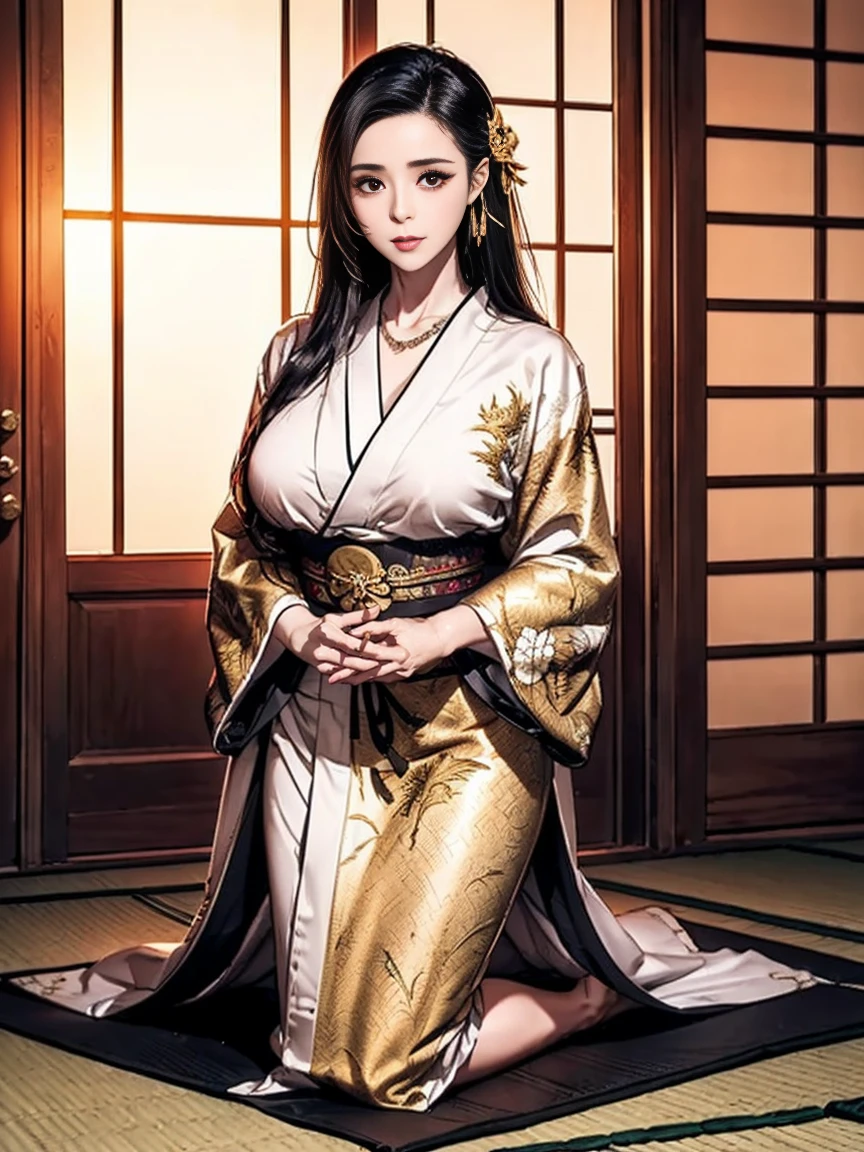 Warlords from ancient Japan's Sengoku period struggle to survive in modern society. They hold friendships and beliefs that transcend time, challenging modern values. 8K , HD, highly detailed, realistic, photography, photo realism, --ar 9:16 -- at 6.0 --s 750,alone, Long Hair, View your viewers, Blonde, Brown eyes, gem, whole body, Realistic, Sexy、Big Breasts 、stockings、clip on earrings,during,bracelet、embarrassed,blouse、kimono