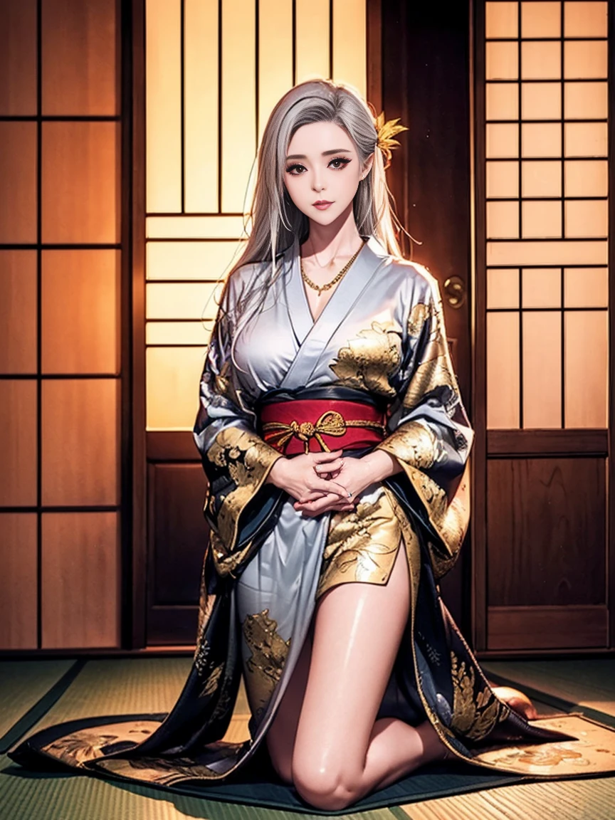8K,赤と黒の日本のはだけたkimonoの衣装を着た白髪のアジア人皇后が写真のポーズをとる, japanese god, beautiful fantasy empress, Super beautiful,(lifelike face),　long gray hair,golden eyes,Tattoo on the left chest,hair ornaments,smile,surreal,skin that looks real,Boldな性格,Ruan Jia and Artgerm, Highly detailed ArtGerm, 8K high quality detailed art,Inside the labyrinth dungeon,beautiful expression　Super high resolution, trending on cgstation, wallop and art germ,muscular slim body,very big breasts,Muscle Slender Lower Body,Charm,fantasy art,character art,rich colors, Backlight, cinematic lighting, film grain, born, 50mm lens, Nikon D850,ultra high resolution,Super realistic,Makeup,sexy,Flashy traditional Japanese costume in red and black(kimono),sexyなポーズ,A seductive gaze,seductive pose,Bold,very big breastsの谷間を強調する,