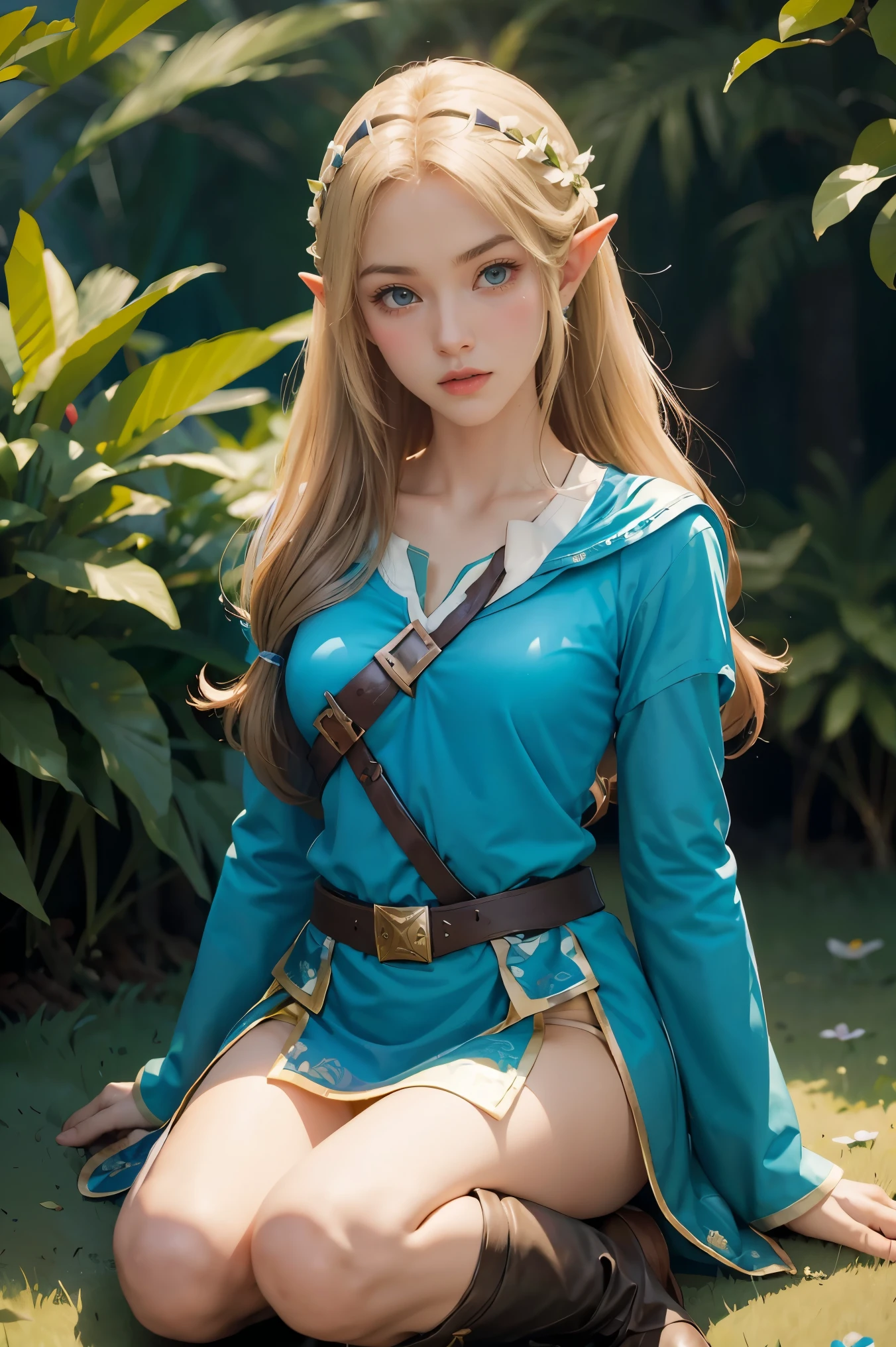 princess zelda, 1girl, artist request, belt, blonde hair, blue shirt, book, boots, expressionless, full body, green eyes, highres, looking at viewer, magic, nintendo, pants, pointy ears, shirt, short hair, simple background, solo, the legend of zelda, the legend of zelda: breath of the wild, the legend of zelda: tears of the kingdom, flower made of light, magic