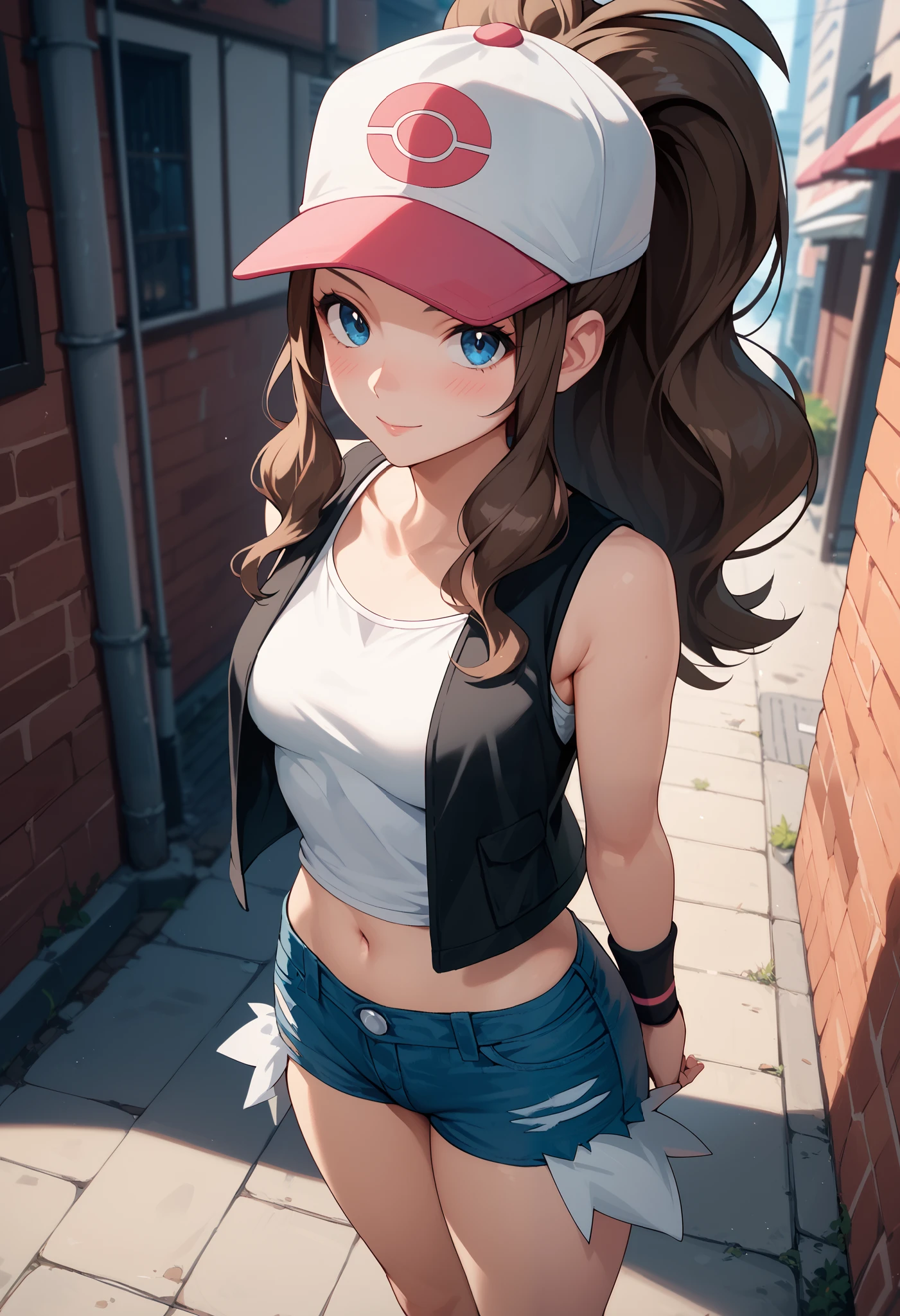 1girl, mature woman, small waist, shy, blush, slight smile, looking up at viewer, pokemonhilda, blue eyes, brown hair, long hair, ponytail, baseball cap, blue shorts, denim, hat, micro shorts, vest, wristband, sleeveless, black vest, white croptop, micro shirt, outdoors, city, dark backalley, standing, midriff, small breasts, shipovup, from above, short girl, hands behind back