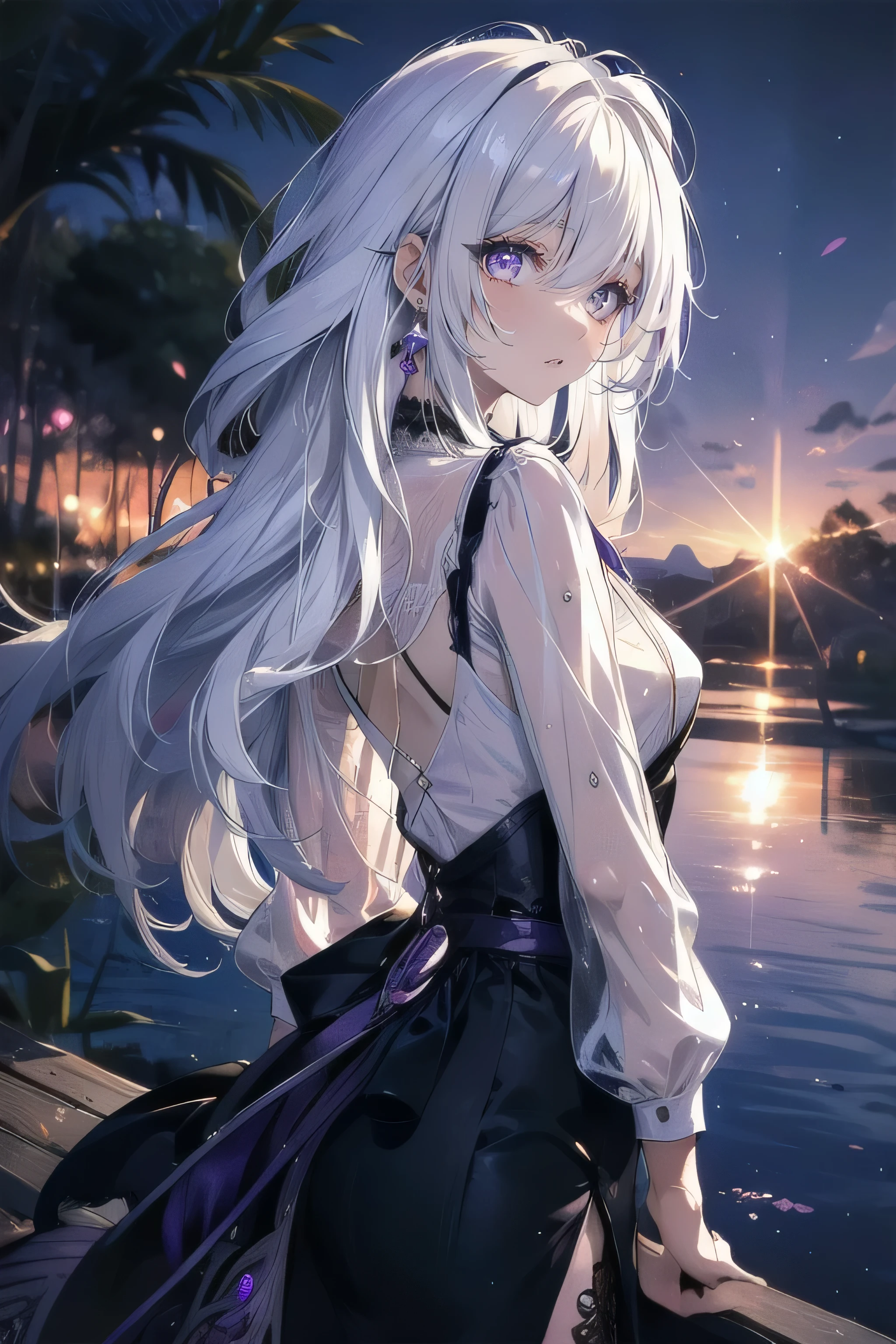 (masterpiece, best quality:1.2), (absurdres, highres, ultra-detailed), (perfect anatomy), BREAK , realistic, 1girl, white hair, purple eyes, bikini, beach, light particles, light rays, wallpaper , BREAK , ((), eldritch, (nightmare), insane, horror \(theme\), glow, glowing eyes:1.3), (phantasmagoria:1.1)