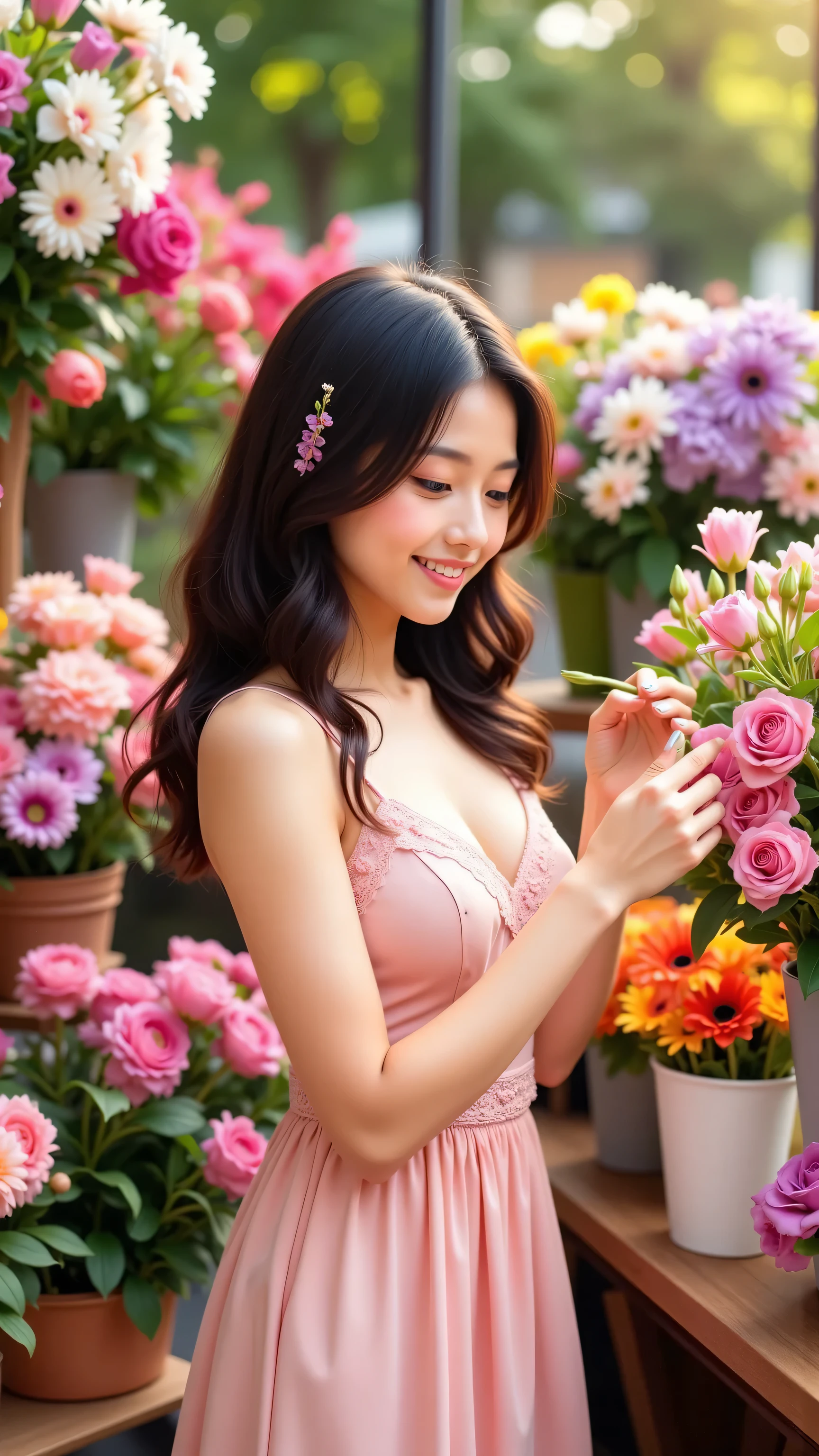 prompt: |
A charming woman in a **soft pastel pink dress** with delicate lace details, standing in a vibrant flower shop surrounded by an array of colorful flowers in full bloom. The shop is filled with the natural light pouring in from large windows, casting a warm glow on the lush greenery and vivid petals. The woman smiles gently as she carefully selects the perfect flower, her expression radiating joy and wonder. Her long, wavy hair cascades down her back, with a few soft flowers tucked in, adding a touch of nature to her appearance.
Her soft, graceful posture enhances the beauty of the moment, as she leans slightly towards a delicate bloom, her fingers brushing the petals. The scene is filled with harmonious color, the rich hues of the flowers contrasting beautifully with her soft dress. The lighting emphasizes the softness of her face, the fine texture of her dress, and the vibrant flowers around her.
The atmosphere is calm and peaceful, as if time slows down in this little floral sanctuary. The scent of the flowers and the feeling of the soft light make the scene come alive with a sense of serenity and elegance.
no distortions, no blurry details, no unrealistic proportions, no background clutter, no exaggerated features, no darkness or low contrast, no unnatural poses, no extra or missing limbs, no extra or missing fingers, no body or face distortion, no multiple hands, no deformed hands, no extra hands, no multiple hands or feet, no hands with more than five fingers, no strange shadows, no awkward positions, no unbalanced composition, no stiff posture, no underdeveloped anatomy