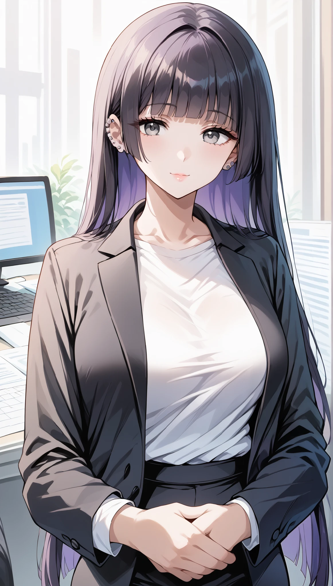 score_9, score_8_up, score_7_up, source_anime, 4K,perfect fingers,(perfect hands, perfect anatomy),prefect lighting, very aesthetic, intricate details,highly detailed background, masterpiece, high quality, best quality,
1girl,solo,pasan, pasan, black hair, blunt bangs, blunt ends, chin piercing, colored inner hair, ear piercing, grey eyes, hime cut, long hair, medium bangs, multicolored hair, piercing, purple hair, mature female, large breast,
wearing ((office lady,black suit jacket,white t-shirt ,)),,
woman with a gentle expression , COMPOSITION TO HIGHLIGHT YOURSELF . Visible to the naked eye 、