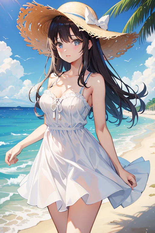 girl, sunset, beach, black hair, have, sun, Wave, white dress, Wind