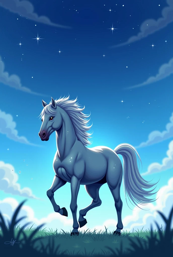 a blue pony with a long mane and a big tail, anthropomorphic mare, she has pale blue skin!!!, mlp, blue unicorn, princess 'kida' kidagakash, twilight ray, mlp fanart, chibi, windy mane, with no derpy face, neon hooves, aura of magic around her, pony, sad cerulean eyes