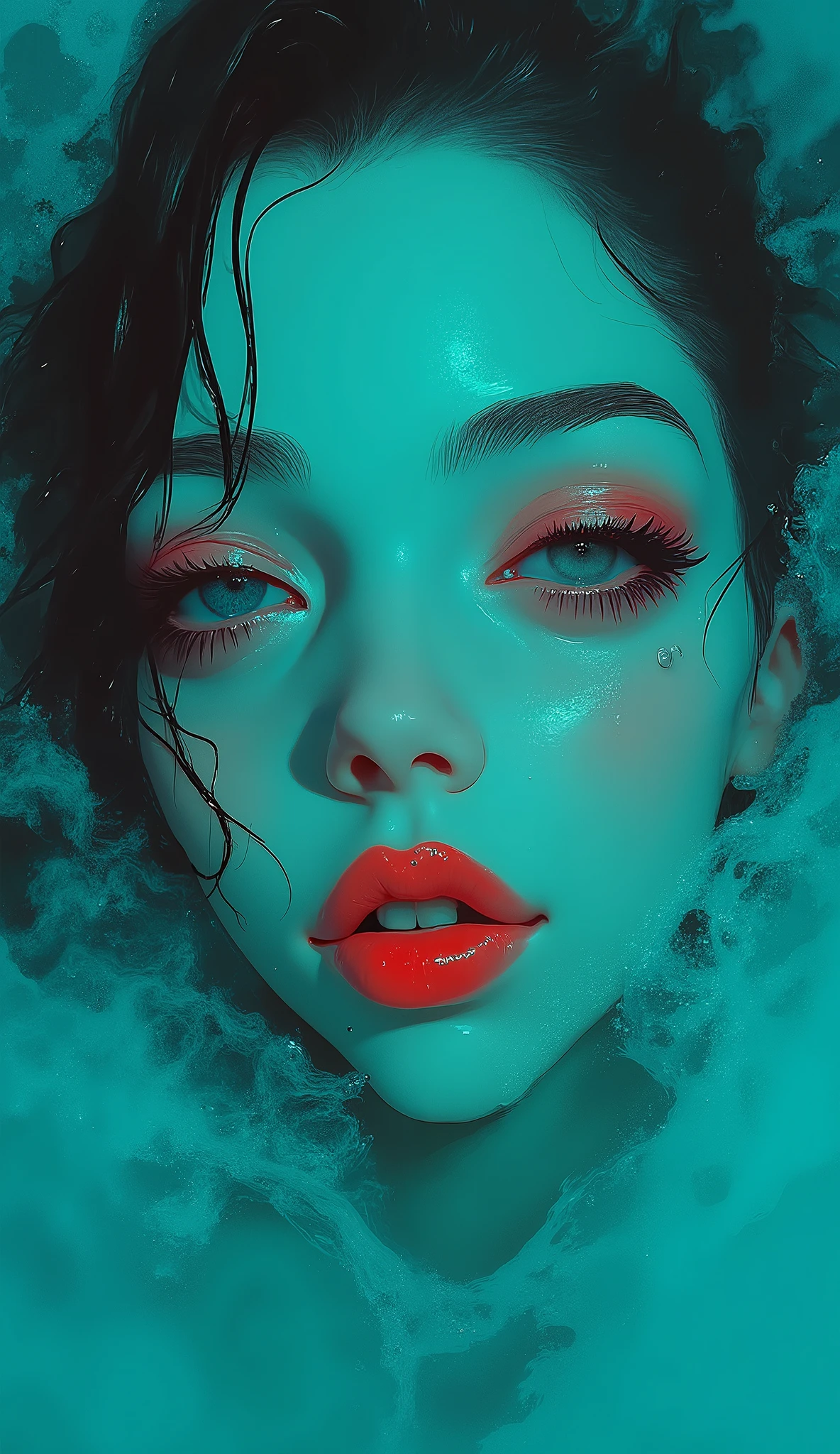 (( flat Overview of a beautiful young woman's dark and wet hair shine through the water Wet hair drops fall down her face, humidity, makeup run through the eyeliner running down her cheeks , red lipstick with drops of water :1.5)), In a body of water . partially submerged in the water you can see her knees , she is focused from above with the camera , look sensually half-open mouth , squinting eyes like Marilyn Monroe , the cyan water with waves due to the movement :1.4, cyberpunk art inspired by Yanjun Cheng , trends in CGSociety, Conceptual art, work of art in the style of Guweiz, guweiz, Guweiz on Pixiv ArtStation , guweiz on artstation pixiv, Yanjun Chengt, electronic girl , E - Chica, cyberpunk urban clothing, ( best quality,4k,8K,alta resolución, masterpiece:1.2), ultra Detailed , sharp focus,(realistic,photorealistic,photo-realistic:1.37), very detailed face , extremely detailed facial features ,hyper realistic skin texture, Extremely fine details , intricate details, detailed eyes,Detailed nose, detailed lips, Detailed facial expressions ,Intricate facial anatomy, intense lighting, dramatic lighting, changing lighting , cinematic lighting ,chiaroscuro lighting, dramatic shadows ,dramatic moments, vivid colors,intense colors,Deep contrast, cinematic depth of field , cinematographic composition , motion picture camera angle
