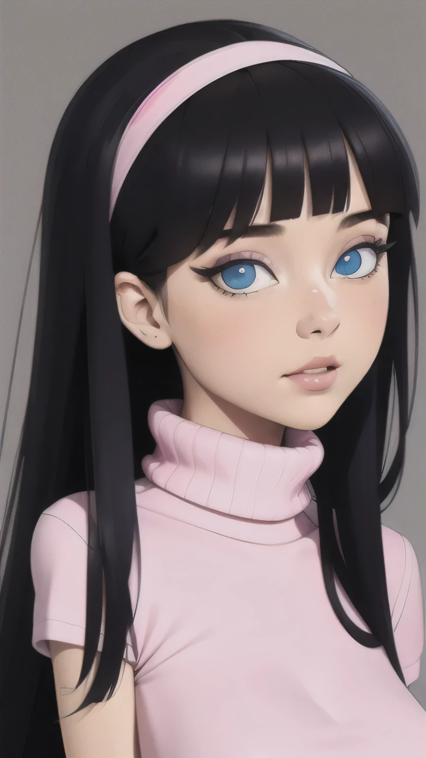 masterpiece, best quality,3d rending work ,3DMM style, portrait, 3D,1girl, solo, realistic, upper body, simple background,  trixie tang   headband, long hair, black hair, white miniskirt, (pink turtleneck), blue eyes, pink eyeshadow, smooth hair,