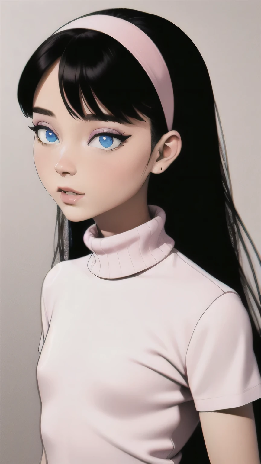 masterpiece, best quality,3d rending work ,3DMM style, portrait, 3D,1girl, solo, realistic, upper body, simple background,  trixie tang   headband, long hair, black hair, white miniskirt, (pink turtleneck), blue eyes, pink eyeshadow, smooth hair, pupils, flat chest