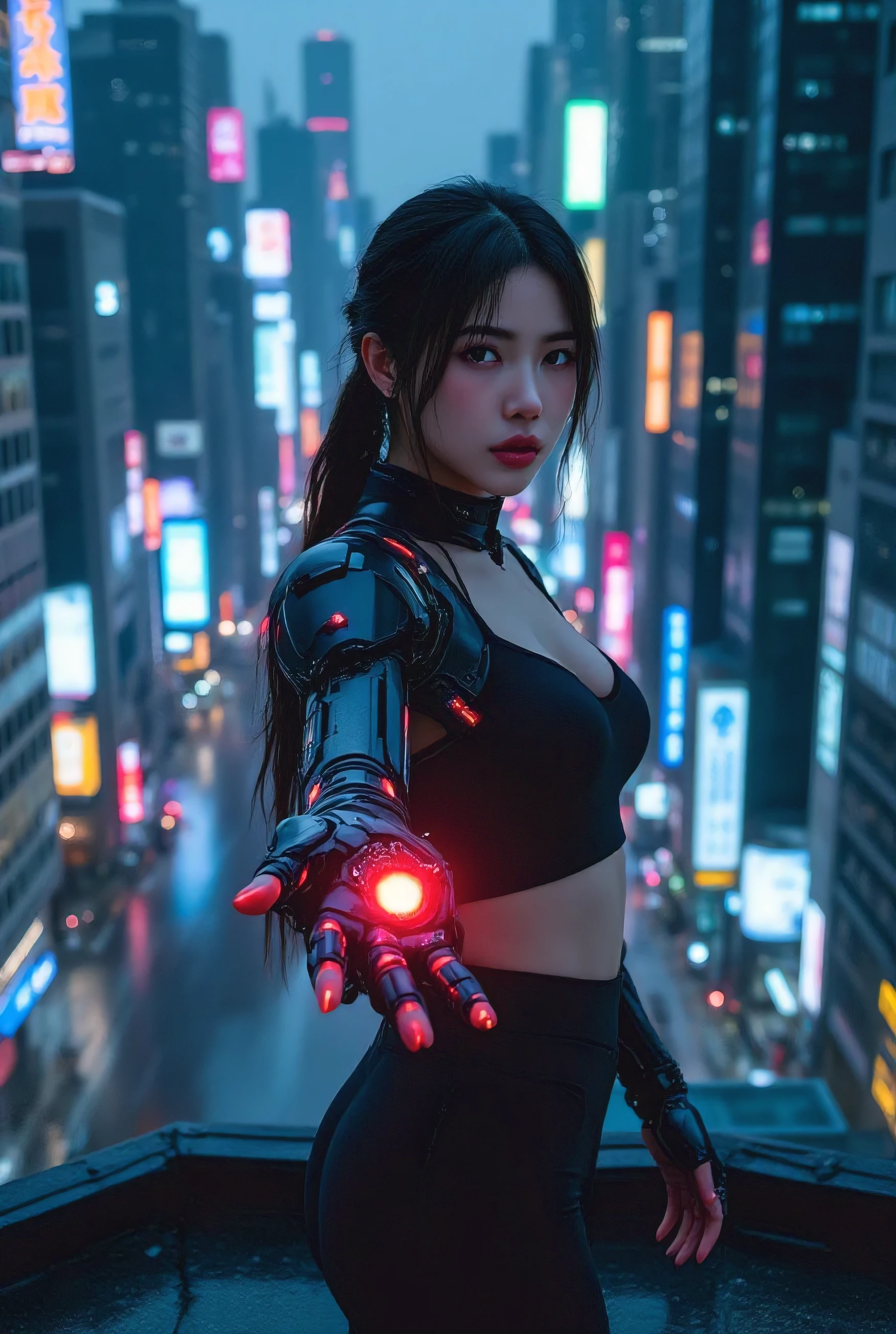 A hyper-realistic cinematic portrait of a 22-year-old Korean woman in a sprawling cyberpunk metropolis, rendered in 8K resolution with intricate detail. The scene is bathed in the neon glow of holographic billboards and flickering LED signs, their reflections shimmering on rain-soaked streets. The woman stands defiantly on the edge of a skyscraper rooftop, her posture dynamic and charged with tension. Her right arm is a sleek, biomechanical Cyblog Assault Arm—a weaponized prosthetic of black titanium alloy and glowing crimson plasma veins. The arm’s palm pulses with a volatile red energy core, primed to unleash a searing laser beam