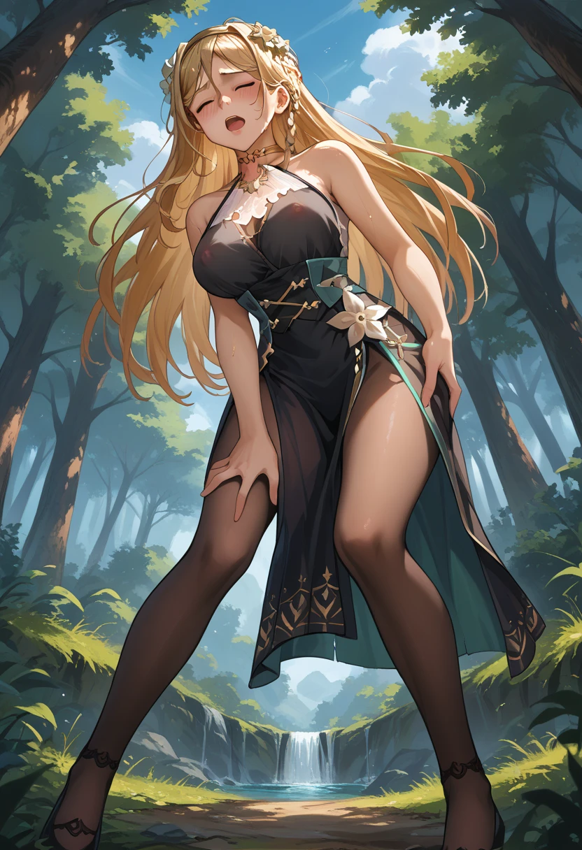 1 female,35 years old,Big breasts,Long Law,solo,(background:The Peak,Rainforest,In the summer,There is standing water on the ground,Exterior) Feel free to hairstyle,stride,Sweating,Soaked,从front看,Long blond hair , partly cloudy,(((masterpiece),(Very detailed CG Unity 8k wallpaper),Best quality,light,详细background,Beautiful and delicate eyes,smart student,(Very delicate and beautiful),(Beautiful and detailed description of the eyes),Extremely detailed,masterpiece,)),Facing the audience,front,high resolution,Extremely detailed),complexion,Open your mouth,Smile