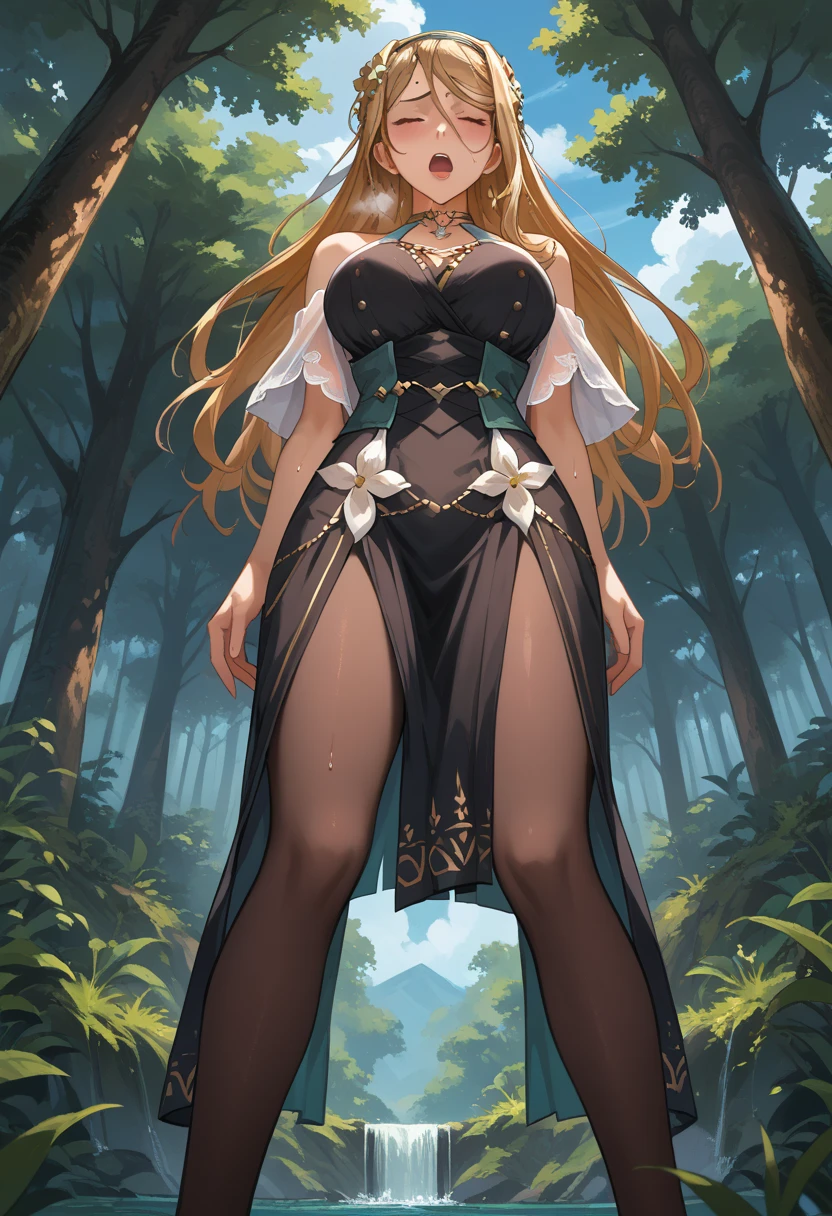 Yellow medieval summer girl, concept, vines on the hand and horns from the vines, full length, whole body, magic hunter, white shorts, SFV